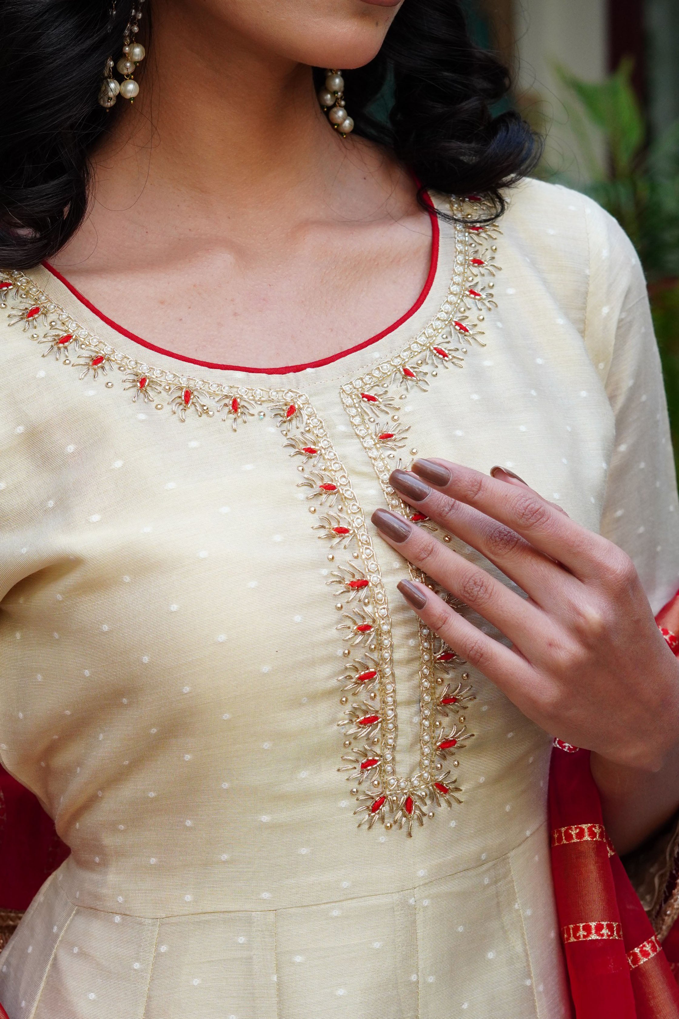 Beige Chanderi Silk Anarkali Round Neck Zari Kurta & Trouser With Dupatta