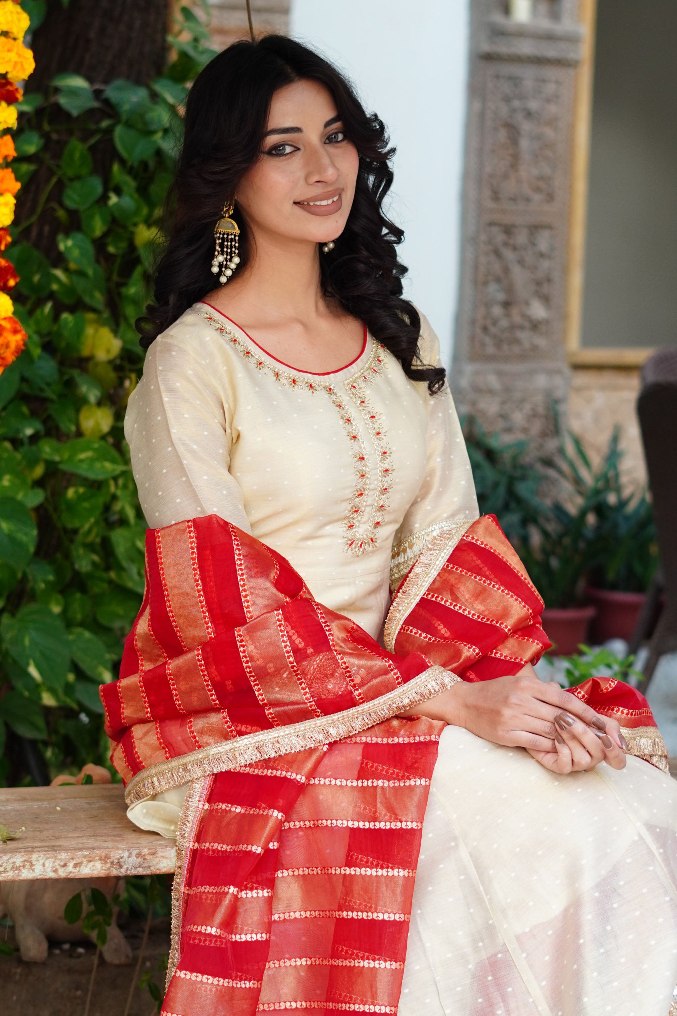 Beige Chanderi Silk Anarkali Round Neck Zari Kurta & Trouser With Dupatta