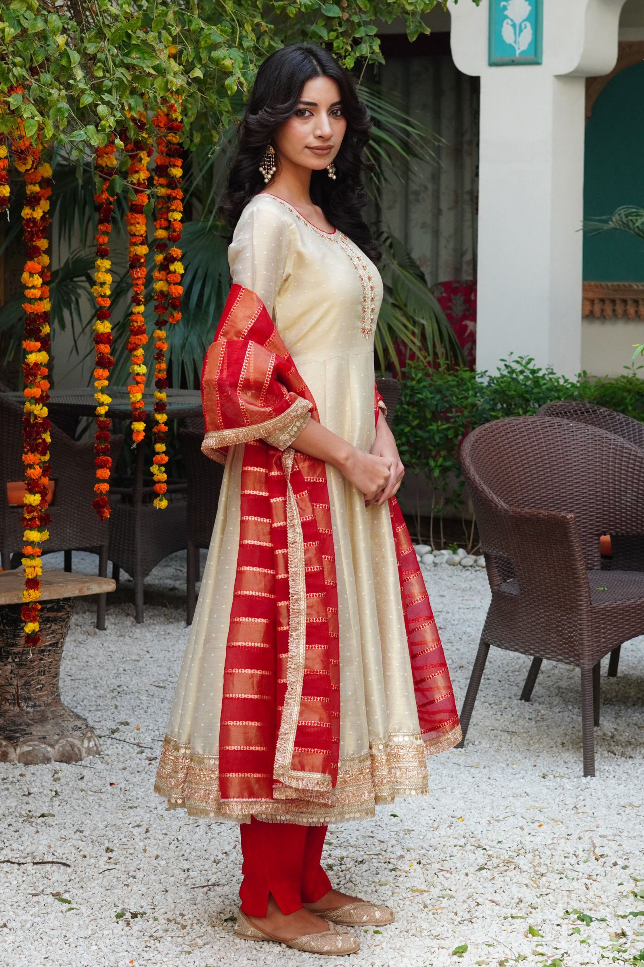 Beige Chanderi Silk Anarkali Round Neck Zari Kurta & Trouser With Dupatta