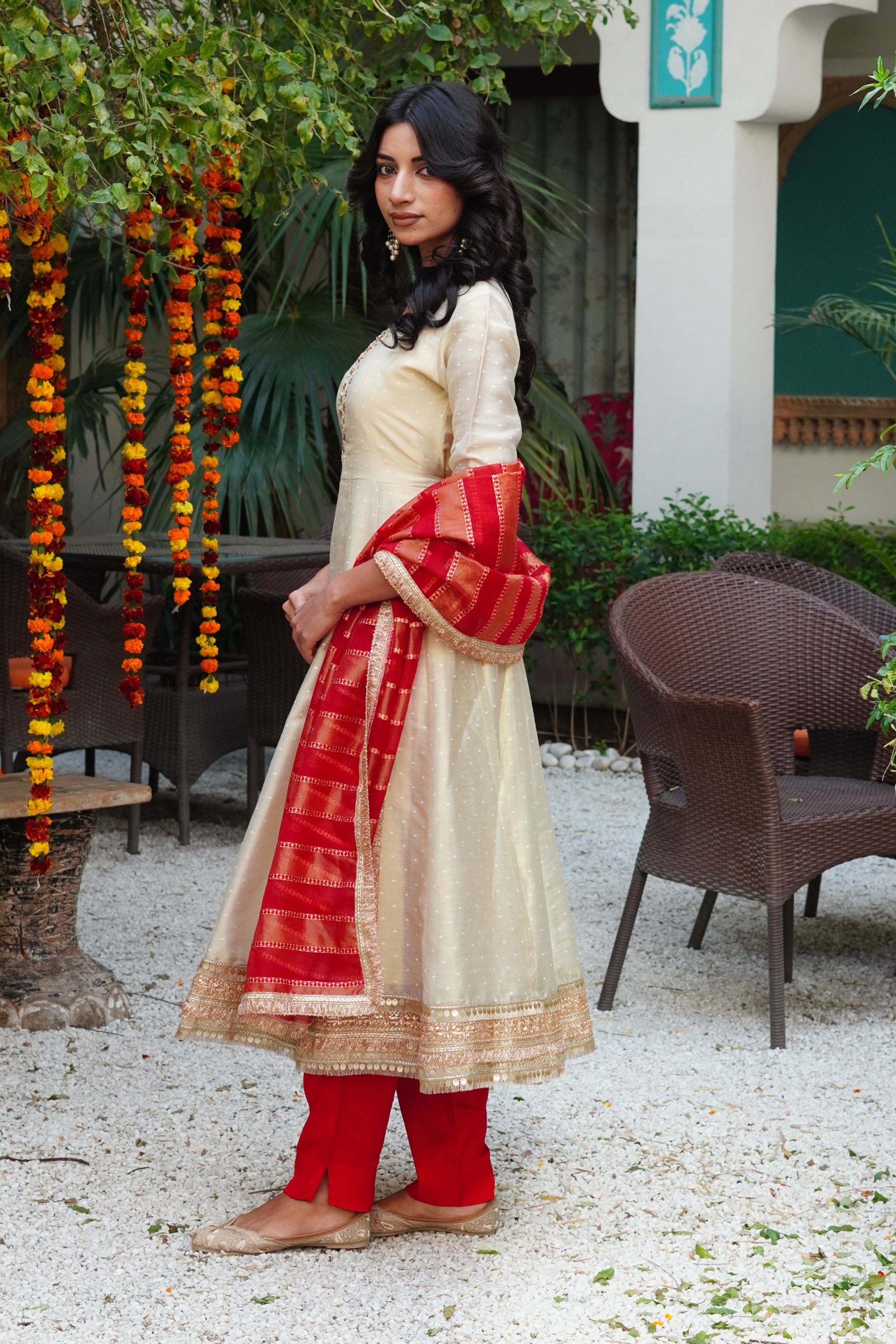 Beige Chanderi Silk Anarkali Round Neck Zari Kurta & Trouser With Dupatta