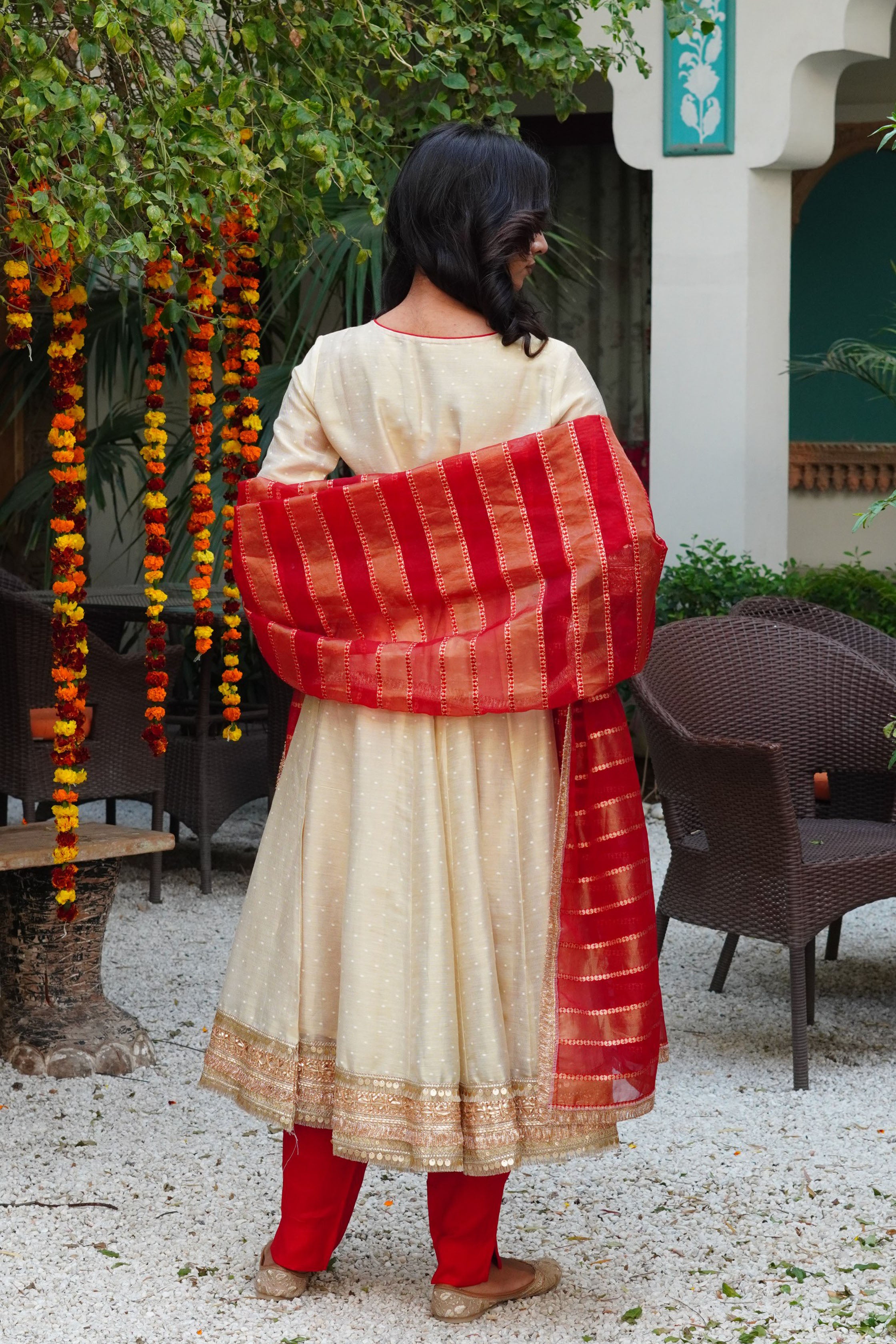 Beige Chanderi Silk Anarkali Round Neck Zari Kurta & Trouser With Dupatta