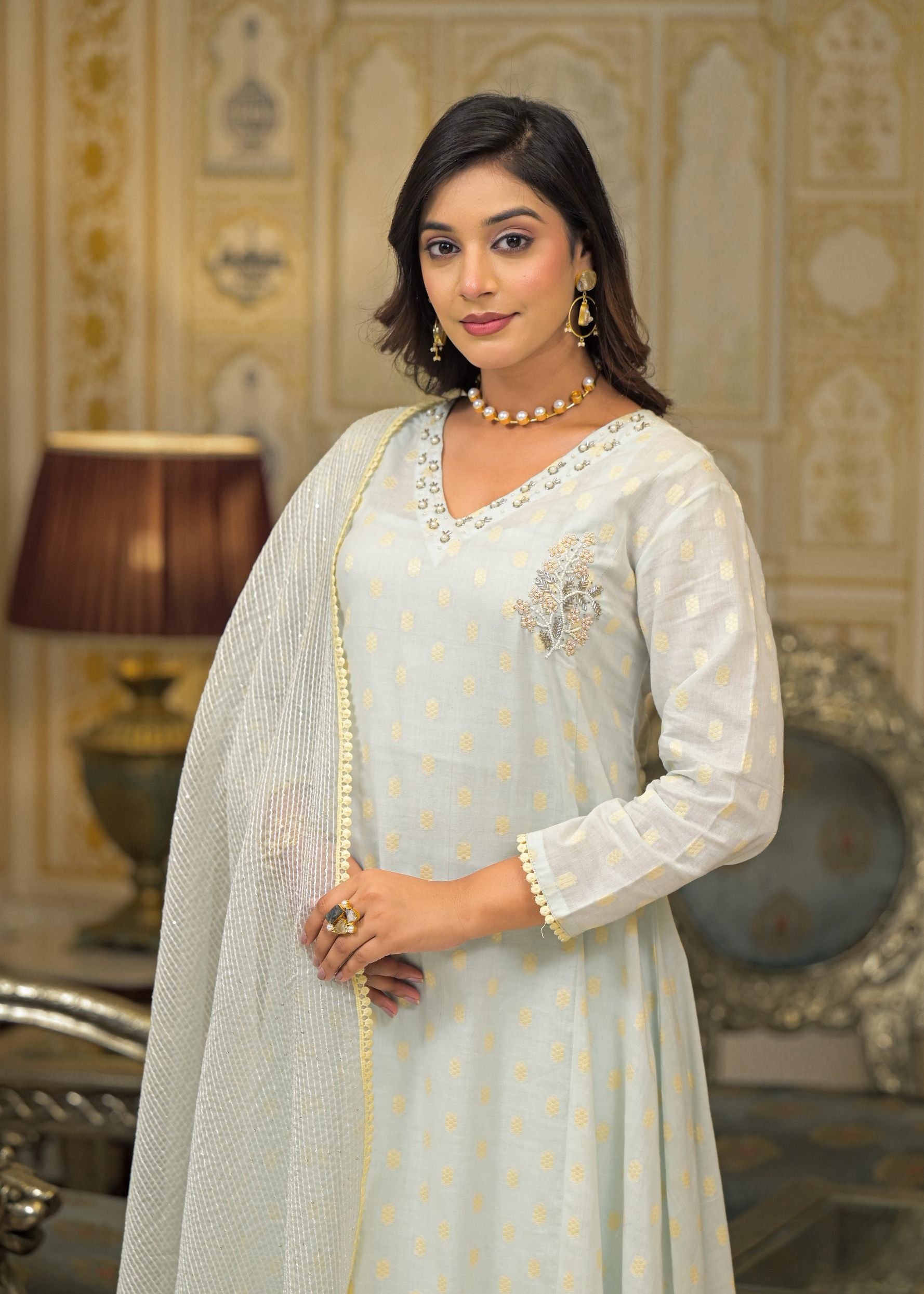 Blue Chanderi Printed Bead & Stone Work Round Neck Anarkali Kurta & Trouser With Dupatta