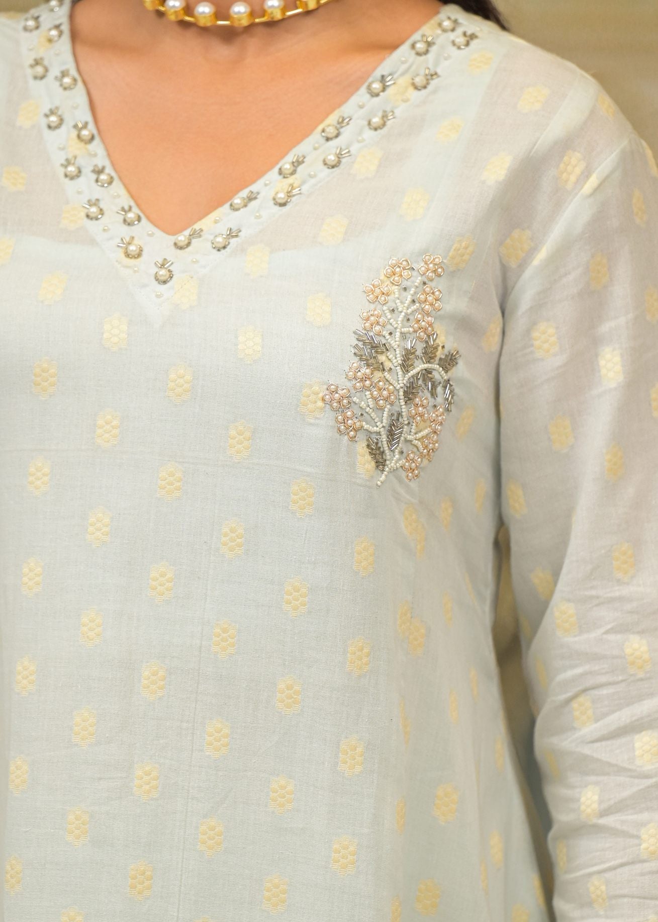 Blue Chanderi Printed Bead & Stone Work Round Neck Anarkali Kurta & Trouser With Dupatta