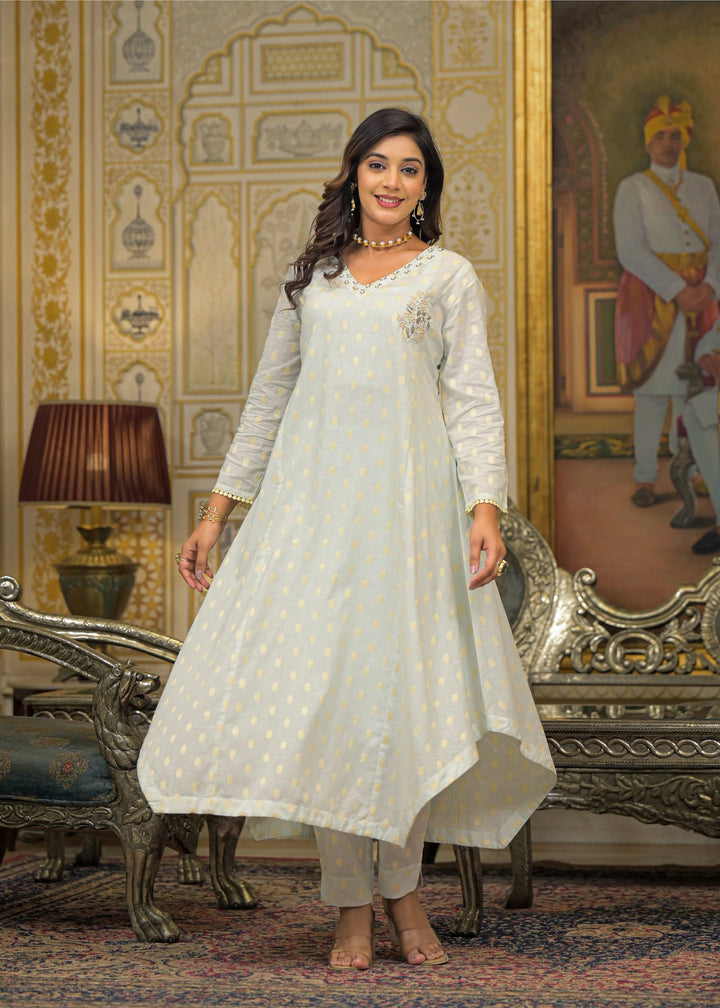 Blue Chanderi Printed Bead & Stone Work Round Neck Anarkali Kurta & Trouser With Dupatta