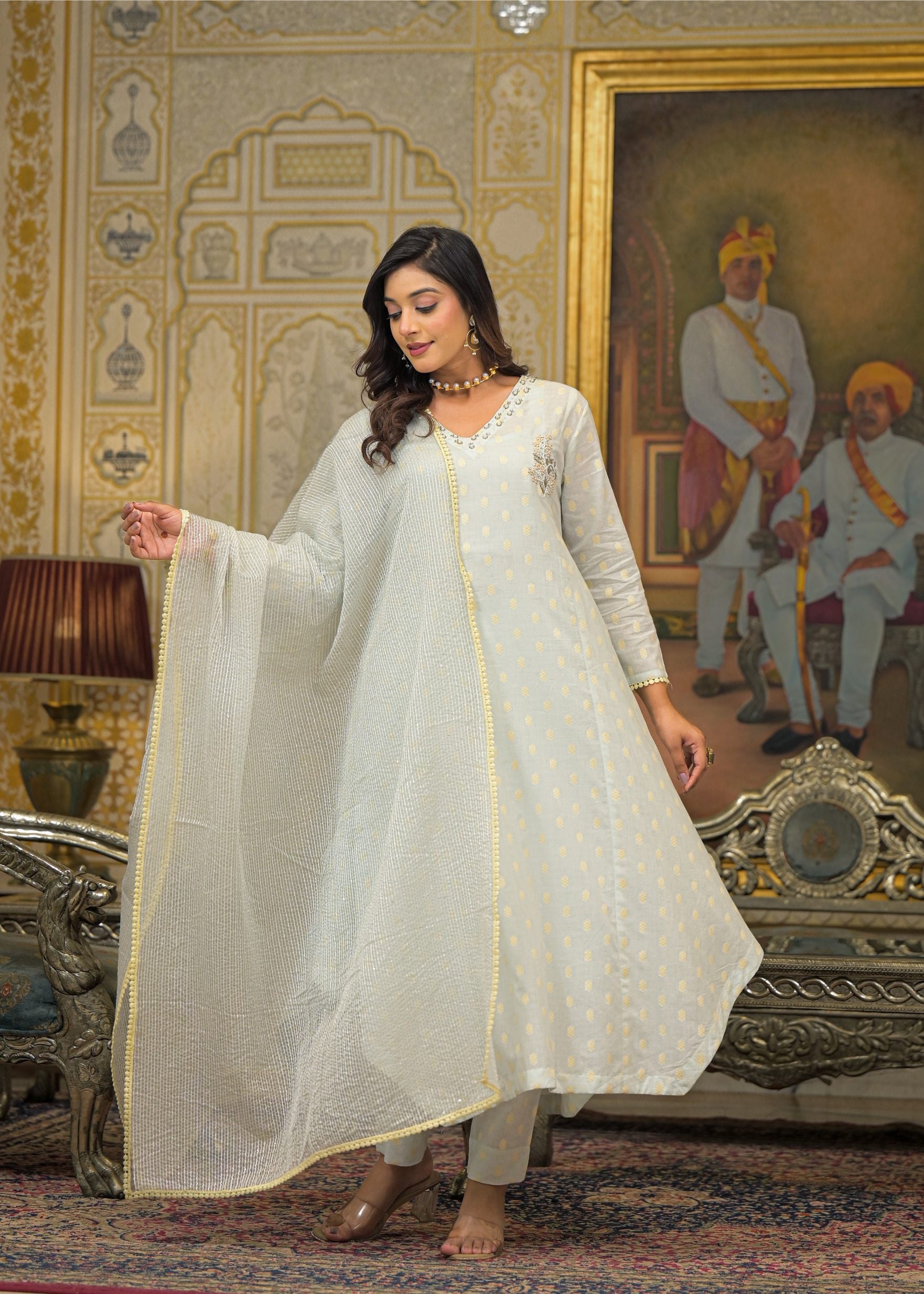 Blue Chanderi Printed Bead & Stone Work Round Neck Anarkali Kurta & Trouser With Dupatta