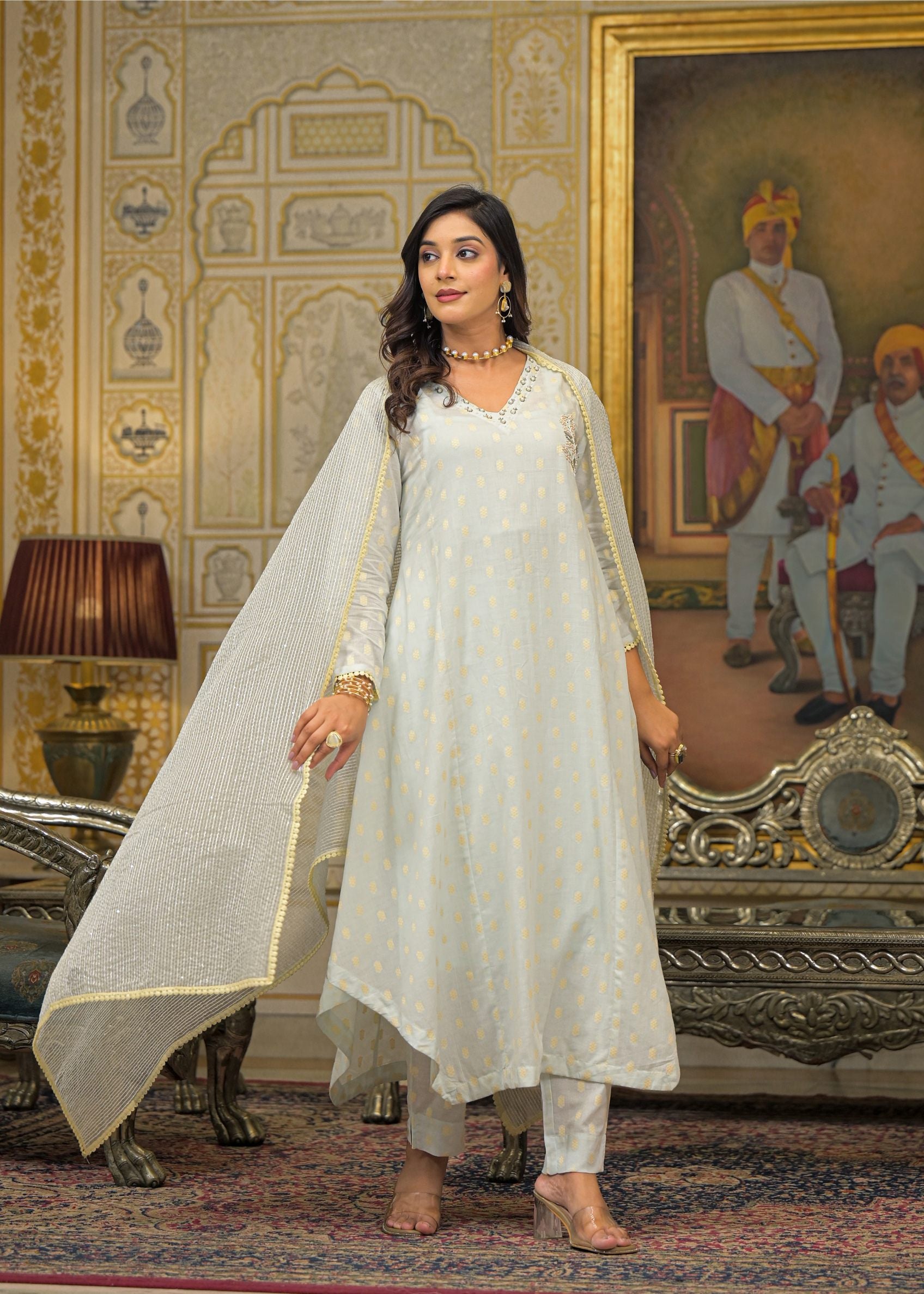 Blue Chanderi Printed Bead & Stone Work Round Neck Anarkali Kurta & Trouser With Dupatta