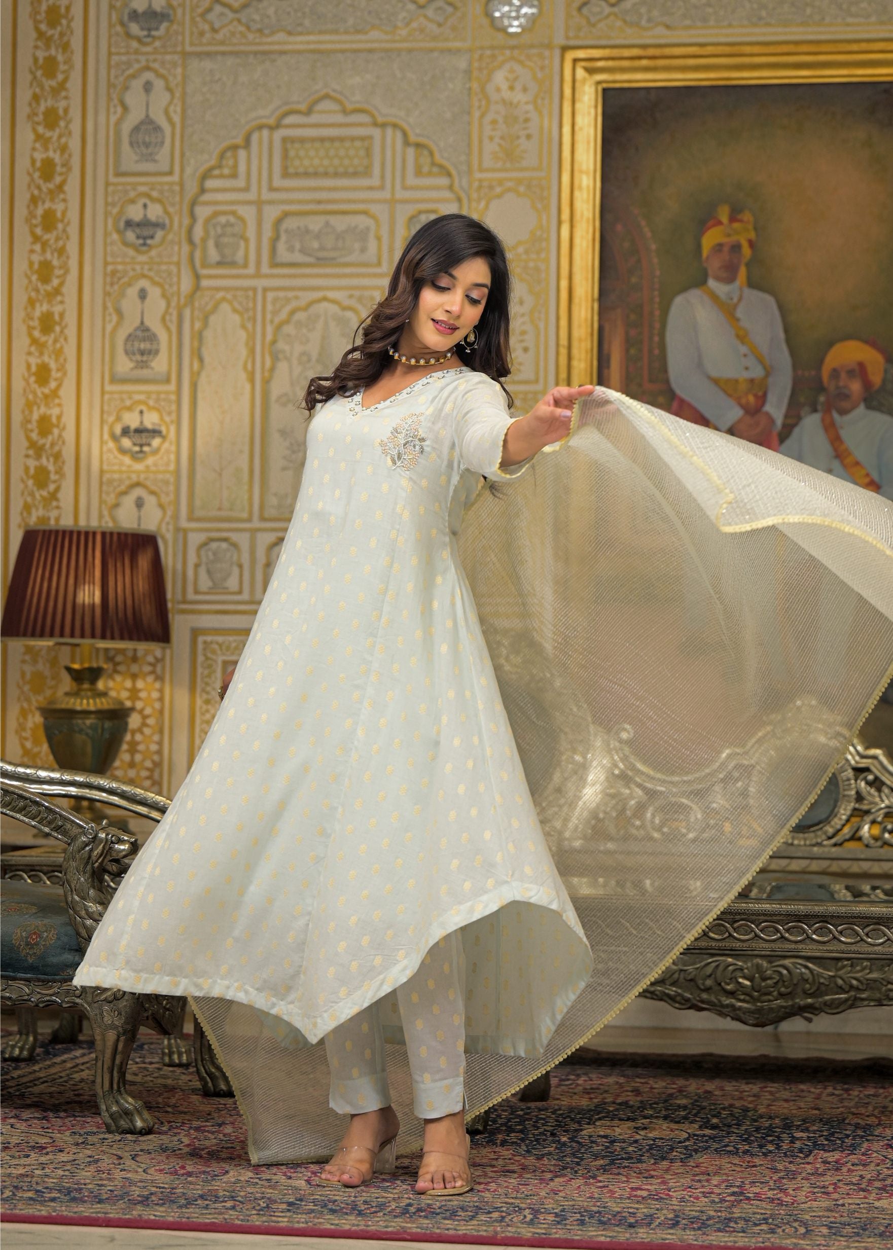 Blue Chanderi Printed Bead & Stone Work Round Neck Anarkali Kurta & Trouser With Dupatta