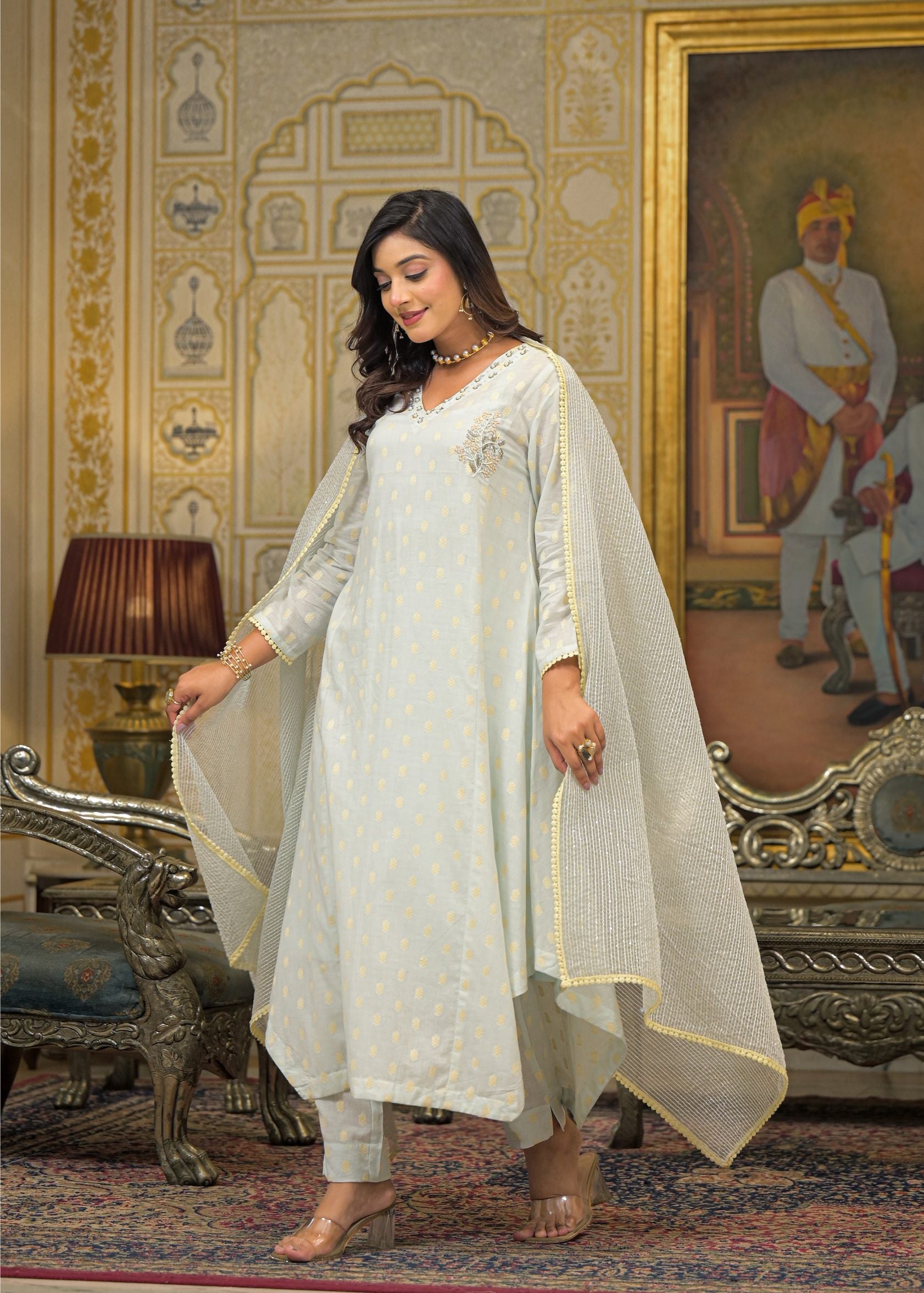 Blue Chanderi Printed Bead & Stone Work Round Neck Anarkali Kurta & Trouser With Dupatta