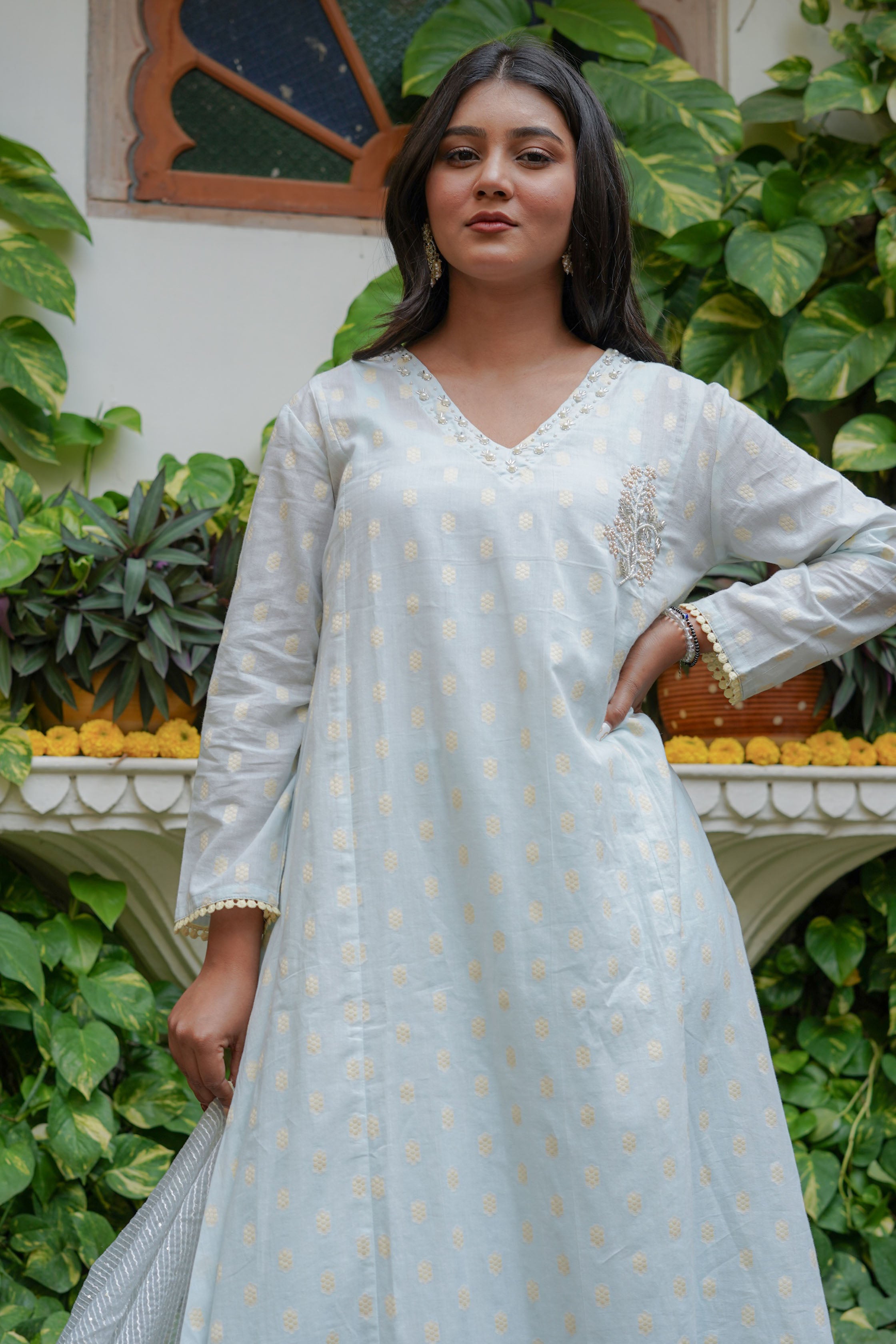 Blue Chanderi Printed Bead & Stone Work Round Neck Anarkali Kurta & Trouser With Dupatta