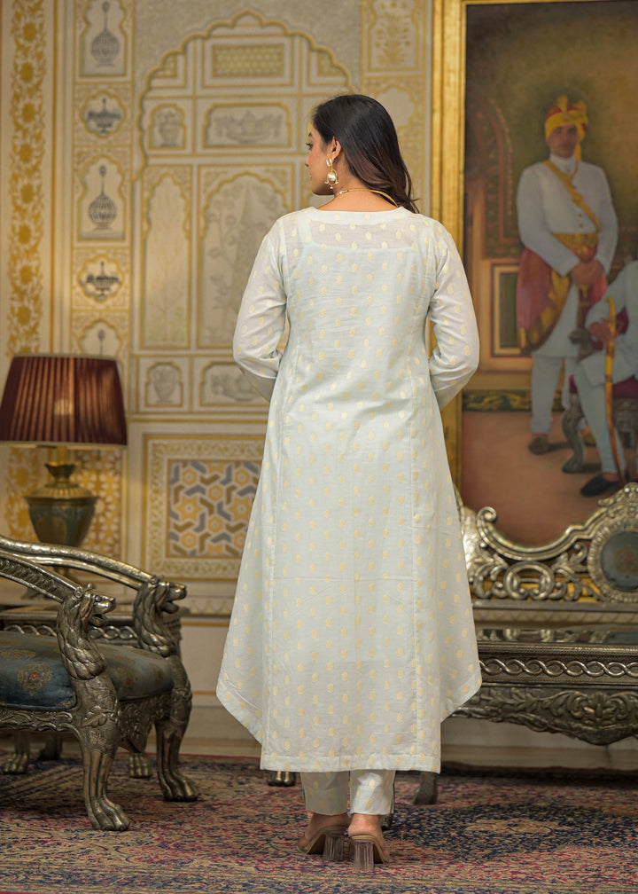 Blue Chanderi Printed Bead & Stone Work Round Neck Anarkali Kurta & Trouser With Dupatta