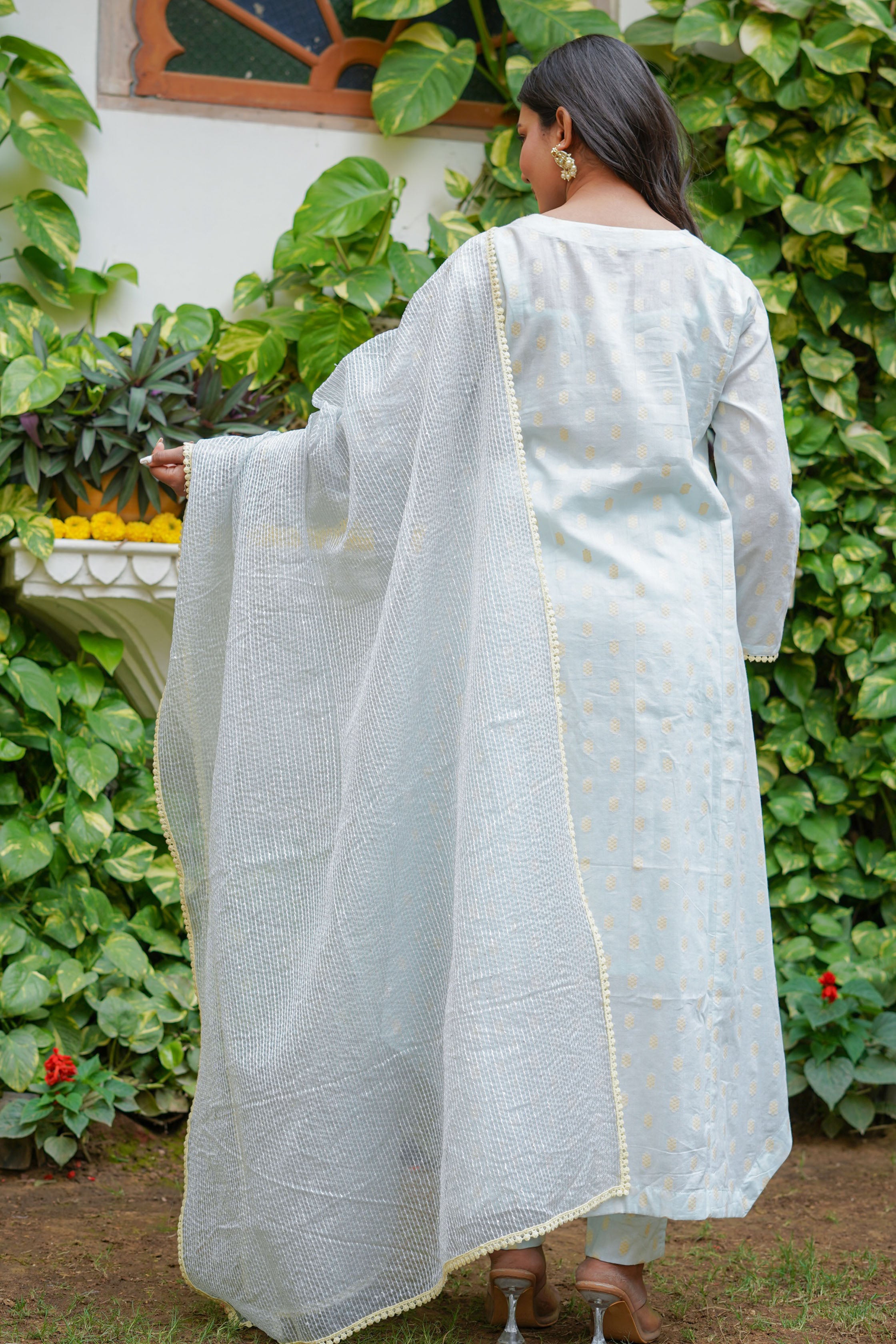 Blue Chanderi Printed Bead & Stone Work Round Neck Anarkali Kurta & Trouser With Dupatta