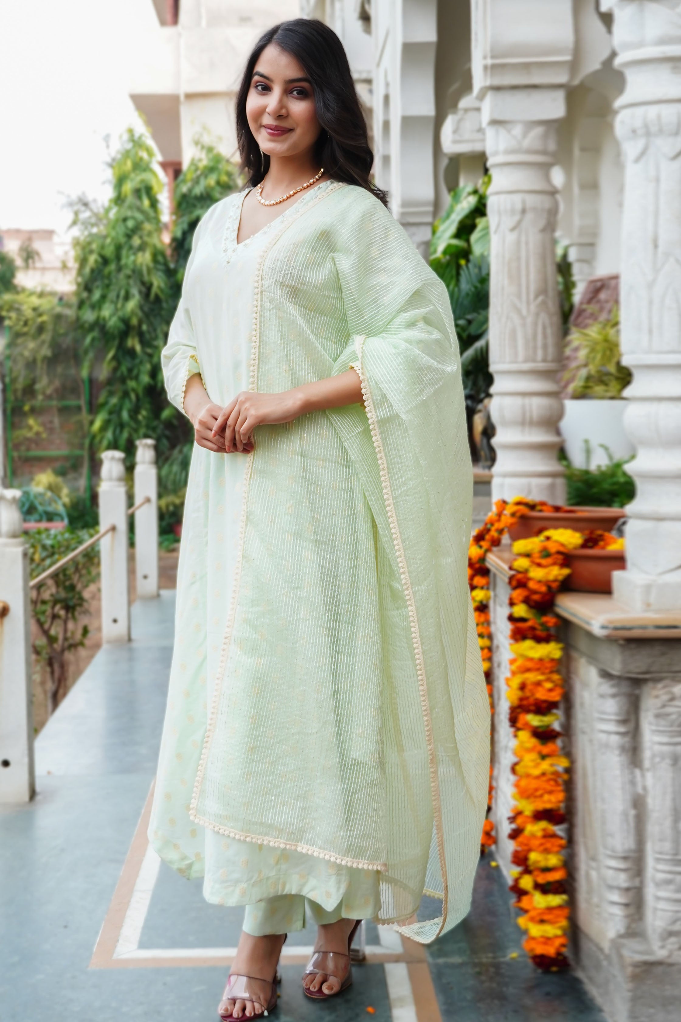 Green Chanderi Printed Bead & Stone Work Round Neck Anarkali Kurta & Trouser With Dupatta