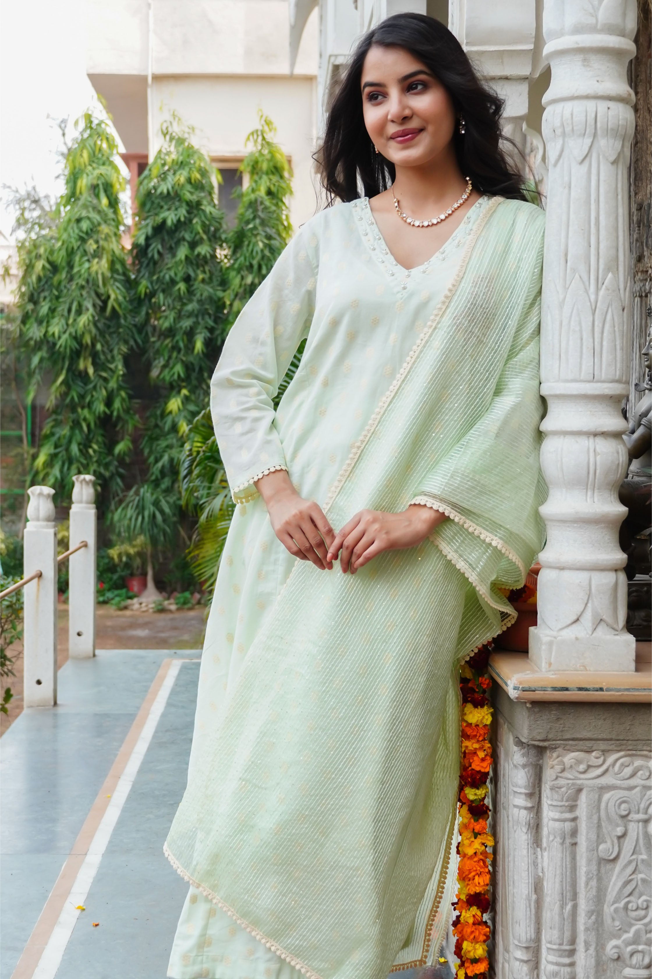 Green Chanderi Printed Bead & Stone Work Round Neck Anarkali Kurta & Trouser With Dupatta