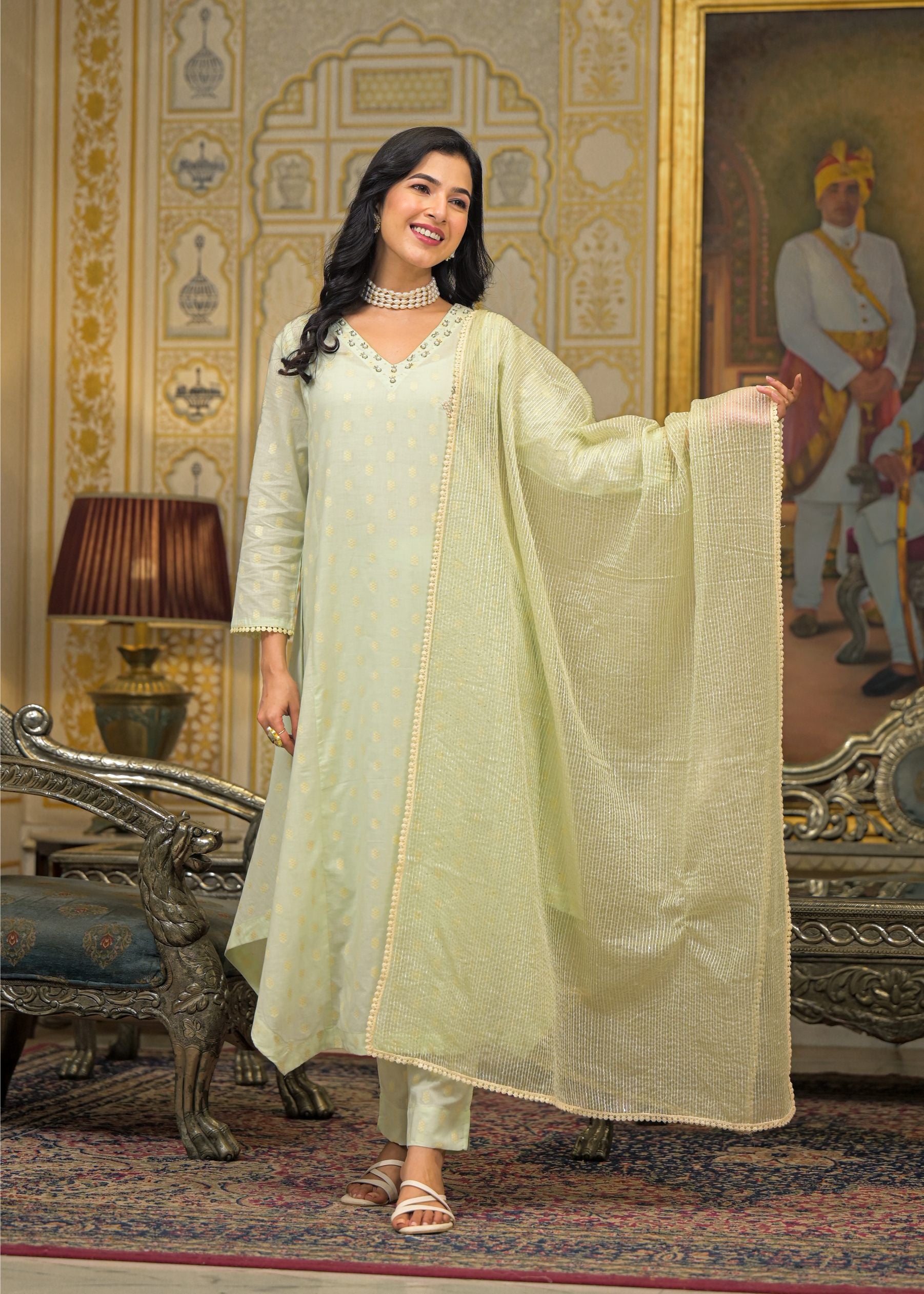 Green Chanderi Printed Bead & Stone Work Round Neck Anarkali Kurta & Trouser With Dupatta