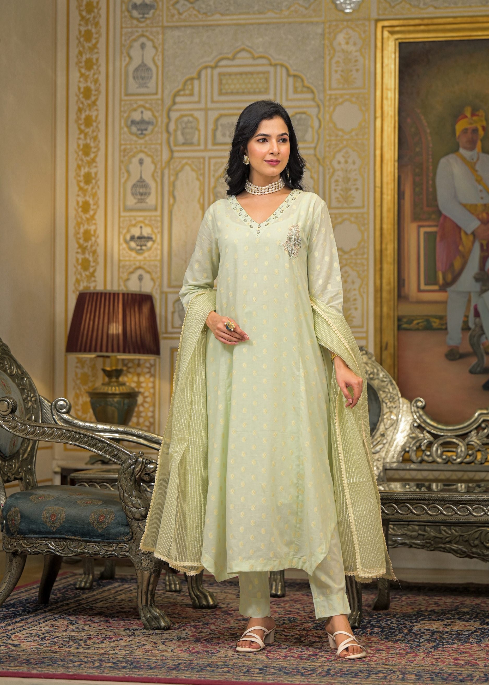 Green Chanderi Printed Bead & Stone Work Round Neck Anarkali Kurta & Trouser With Dupatta