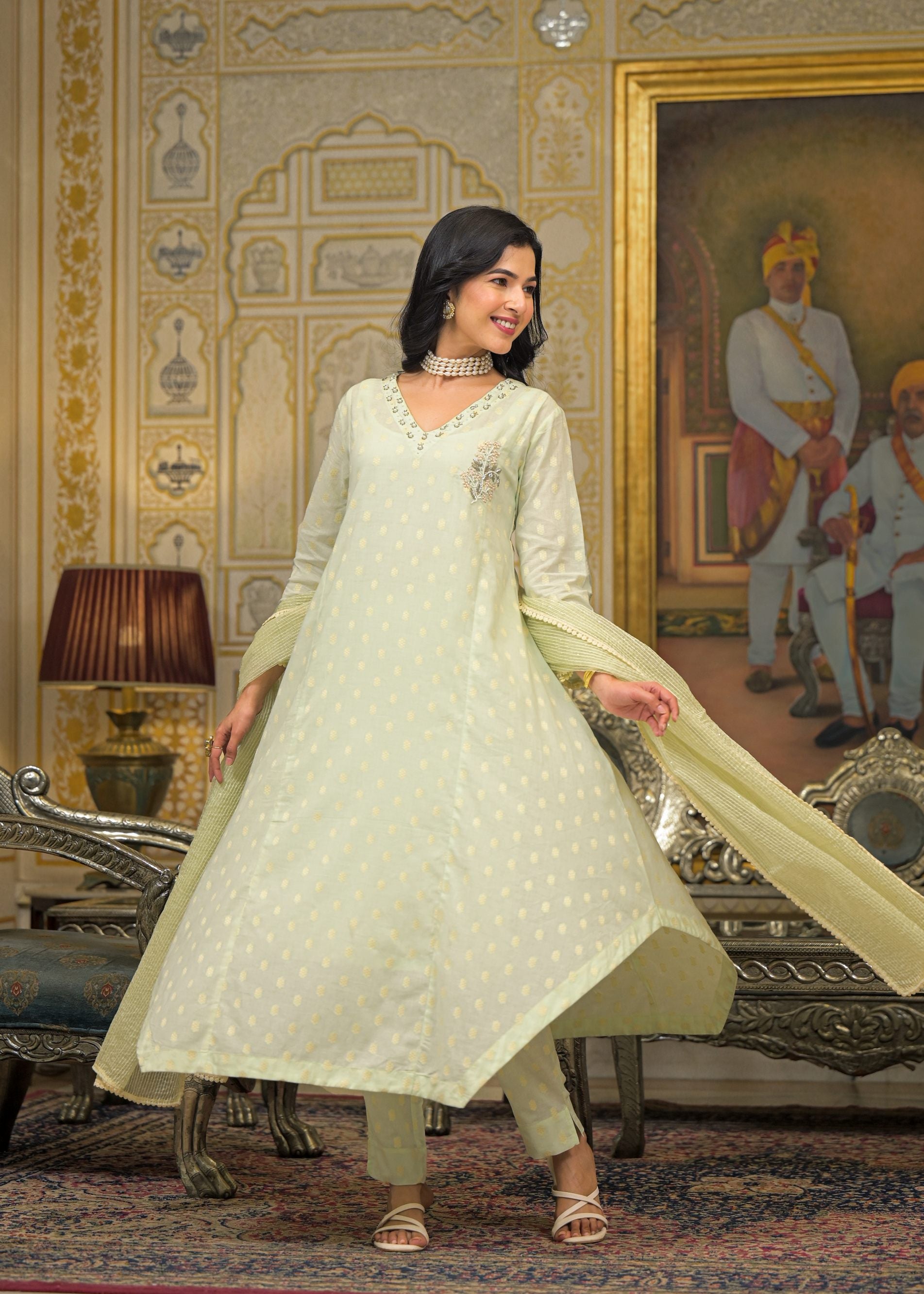 Green Chanderi Printed Bead & Stone Work Round Neck Anarkali Kurta & Trouser With Dupatta