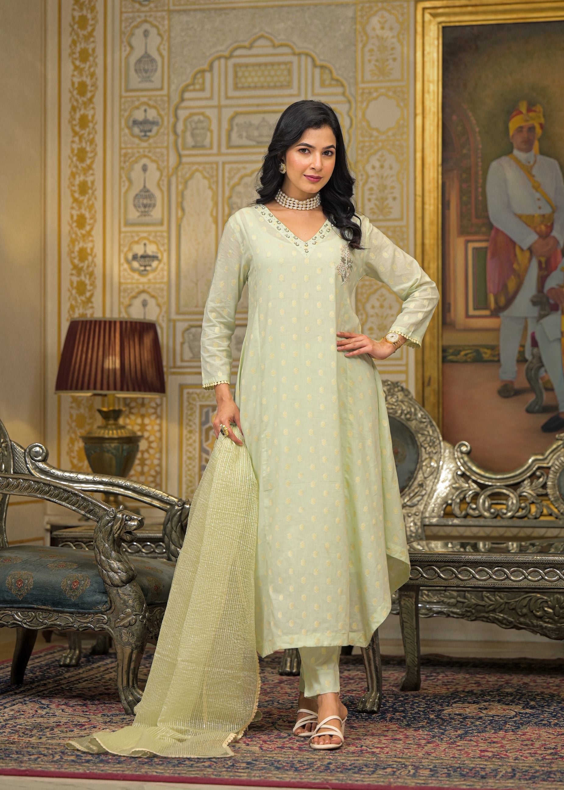 Green Chanderi Printed Bead & Stone Work Round Neck Anarkali Kurta & Trouser With Dupatta