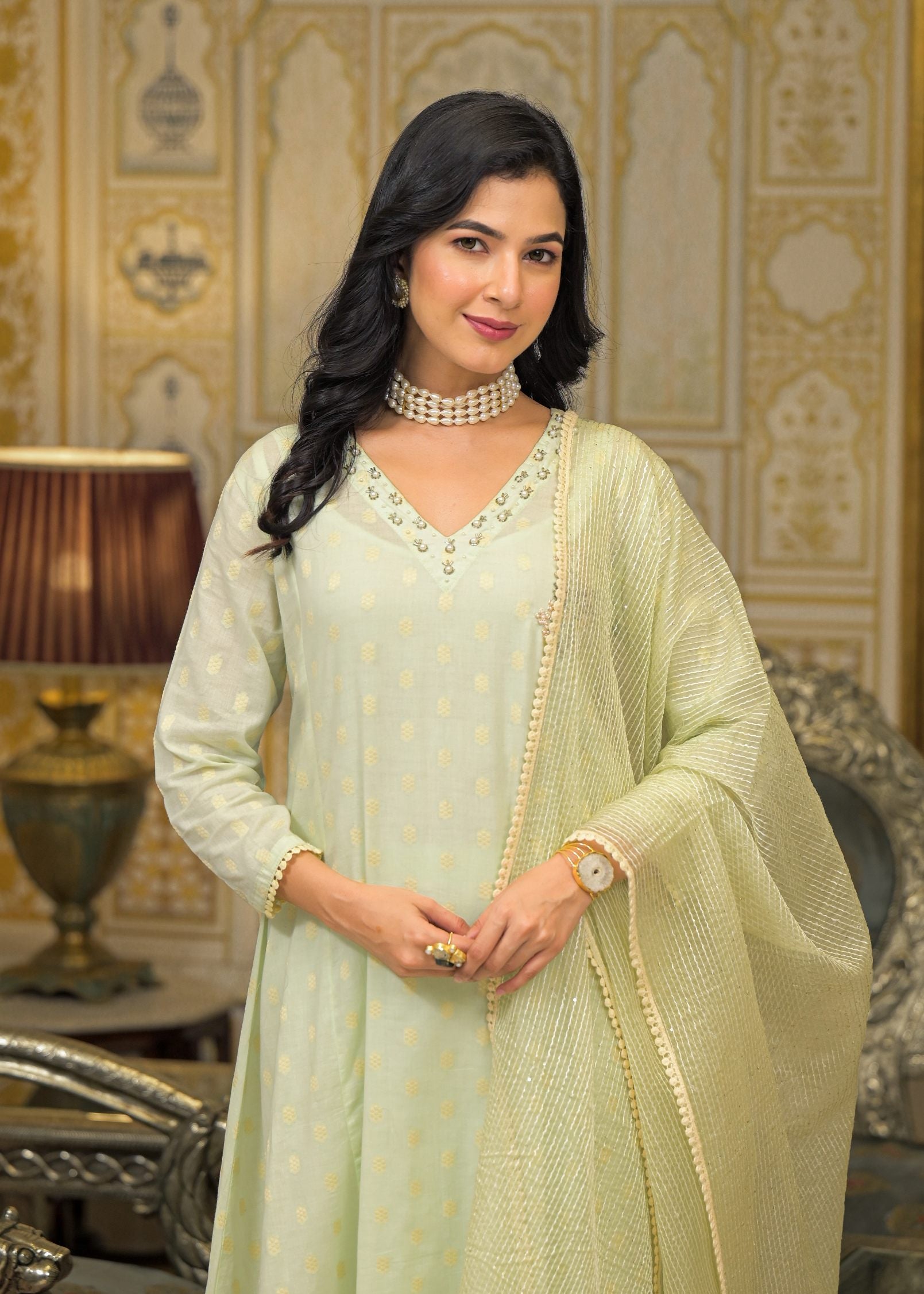 Green Chanderi Printed Bead & Stone Work Round Neck Anarkali Kurta & Trouser With Dupatta