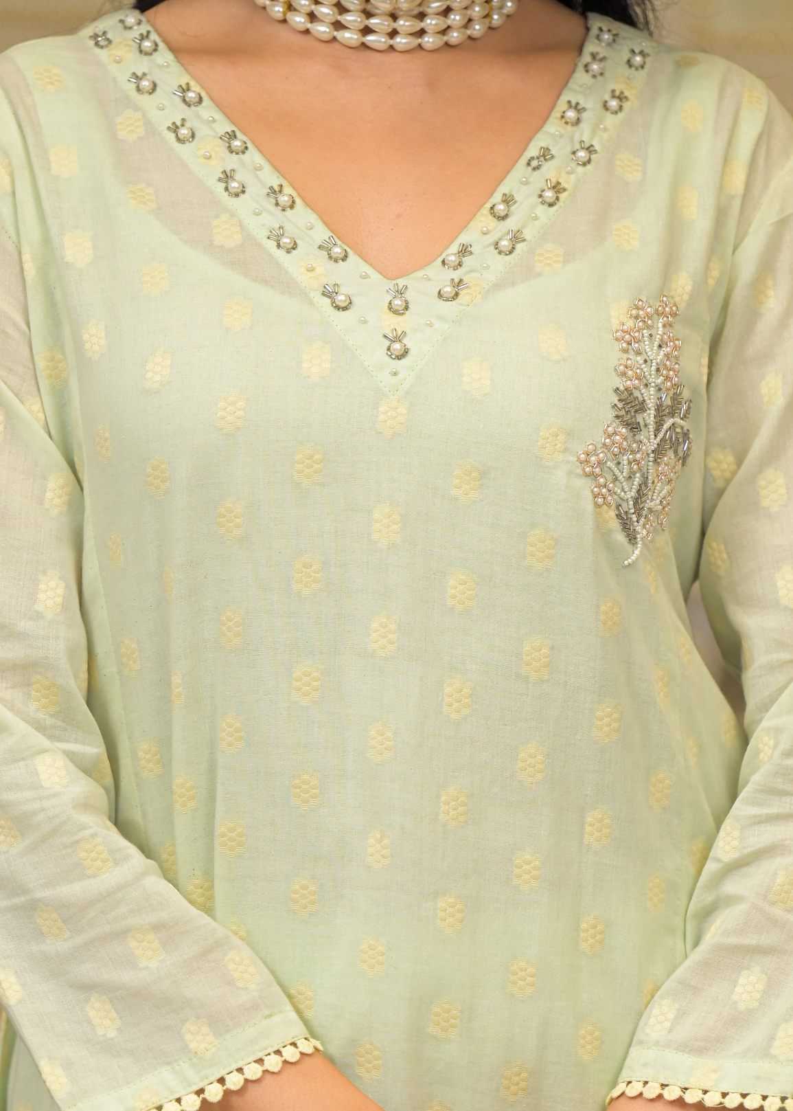 Green Chanderi Printed Bead & Stone Work Round Neck Anarkali Kurta & Trouser With Dupatta