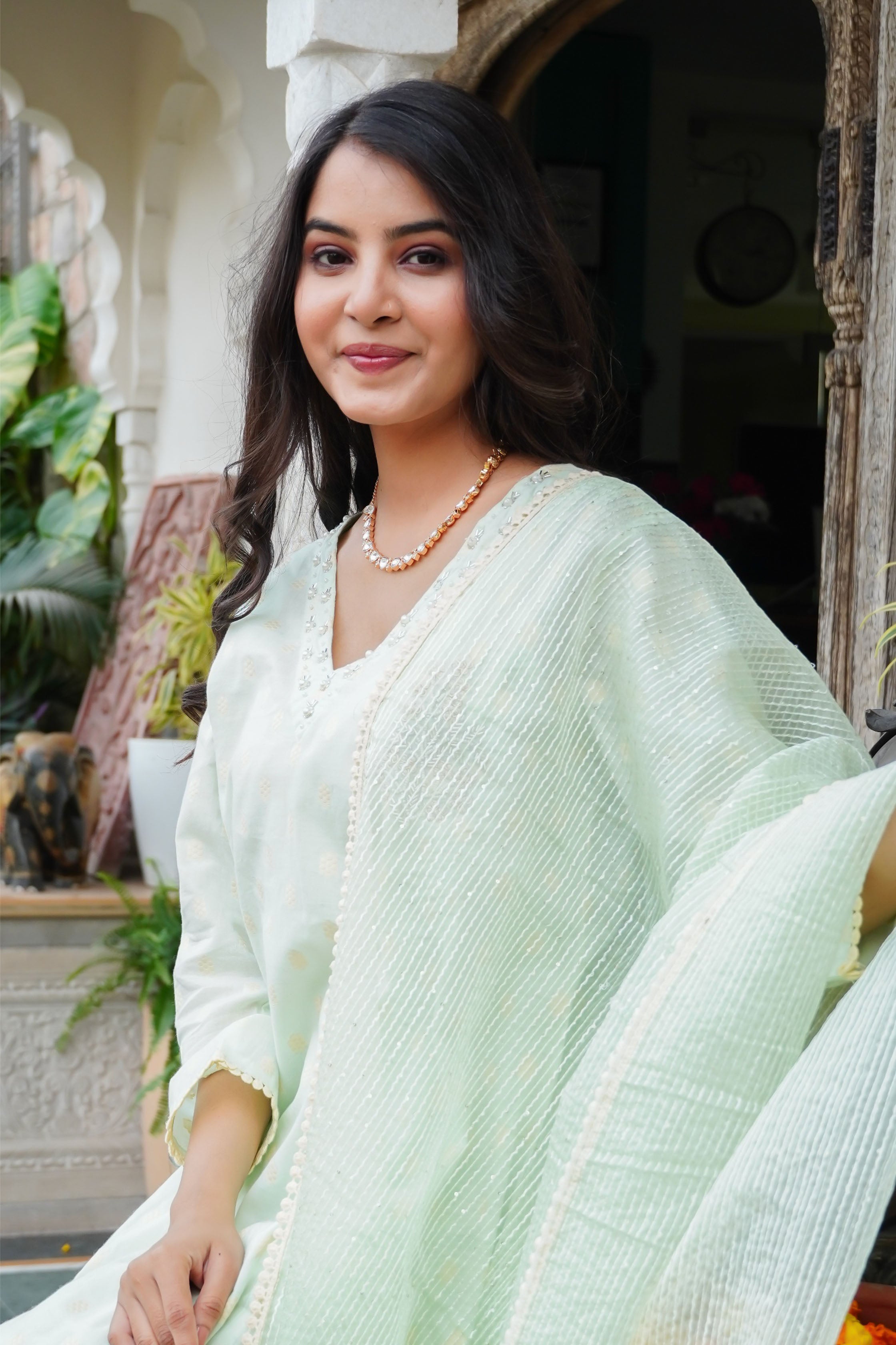 Green Chanderi Printed Bead & Stone Work Round Neck Anarkali Kurta & Trouser With Dupatta