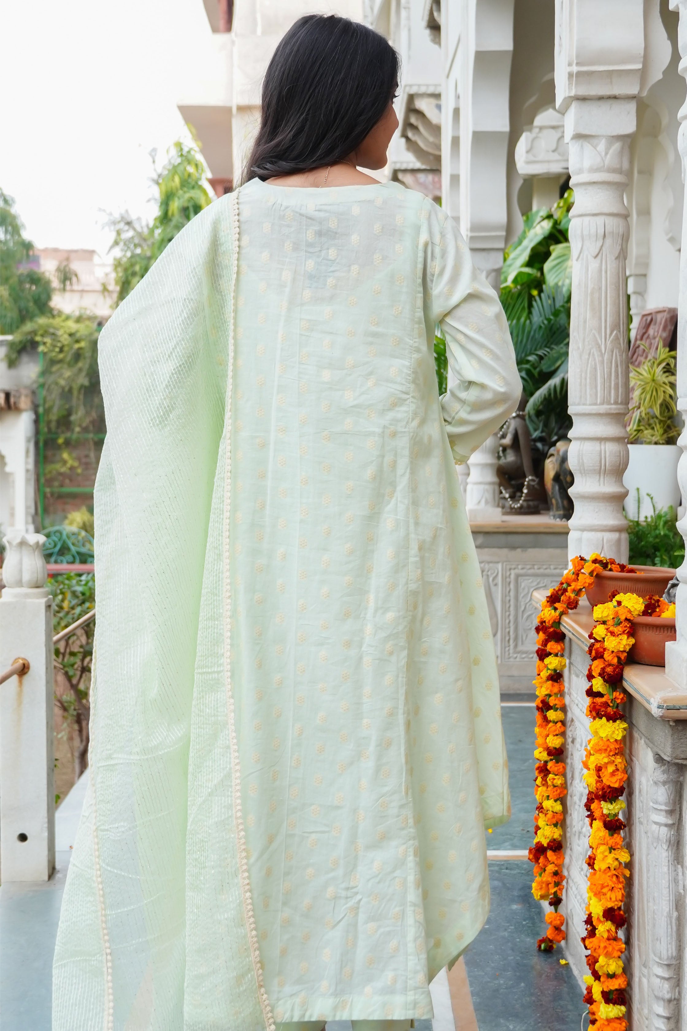 Green Chanderi Printed Bead & Stone Work Round Neck Anarkali Kurta & Trouser With Dupatta