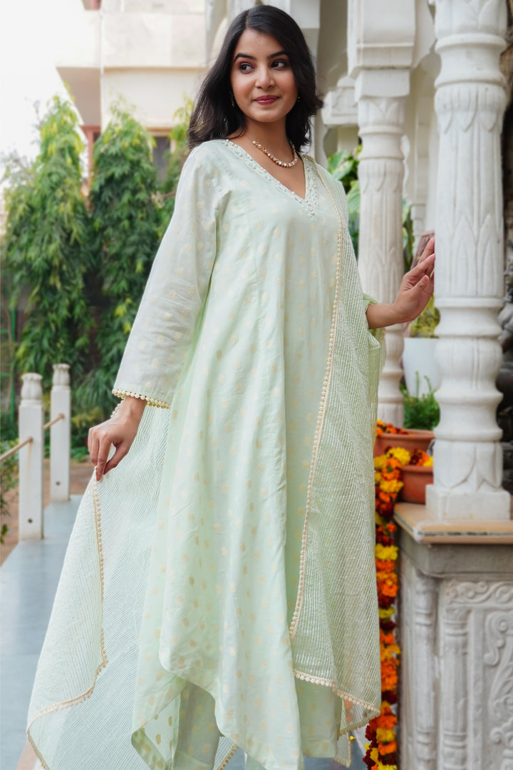 Aavanya Green Chandery Bead & Stone Work Round Neck Anarkali Kurta & Trouser With Dupatta