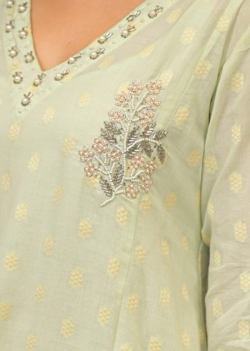 Green Chanderi Printed Bead & Stone Work Round Neck Anarkali Kurta & Trouser With Dupatta