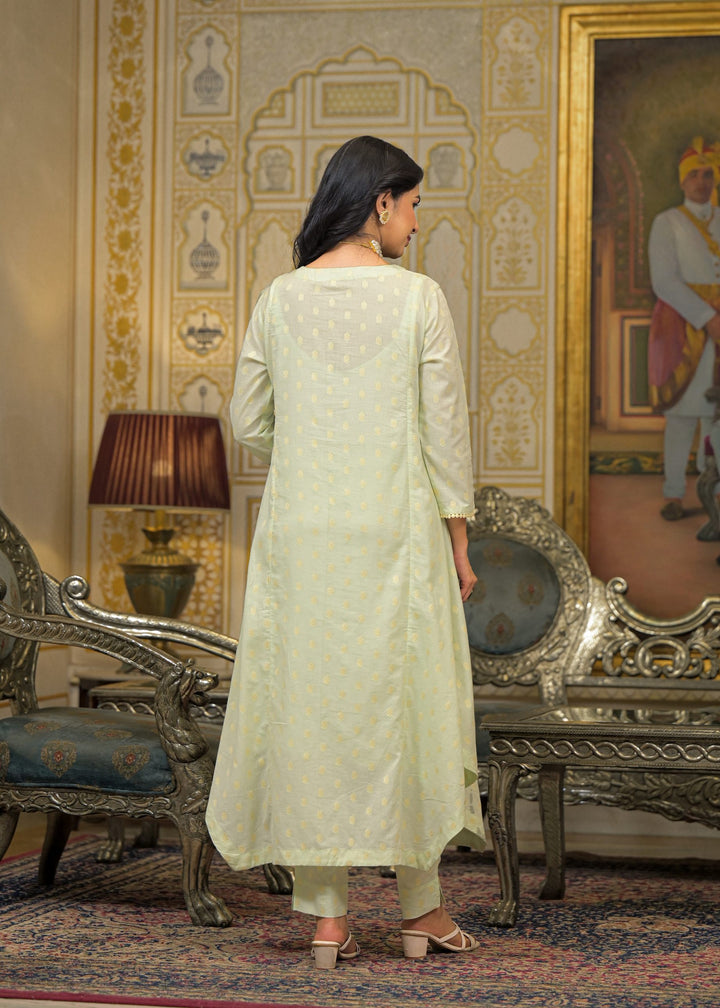 Green Chanderi Printed Bead & Stone Work Round Neck Anarkali Kurta & Trouser With Dupatta