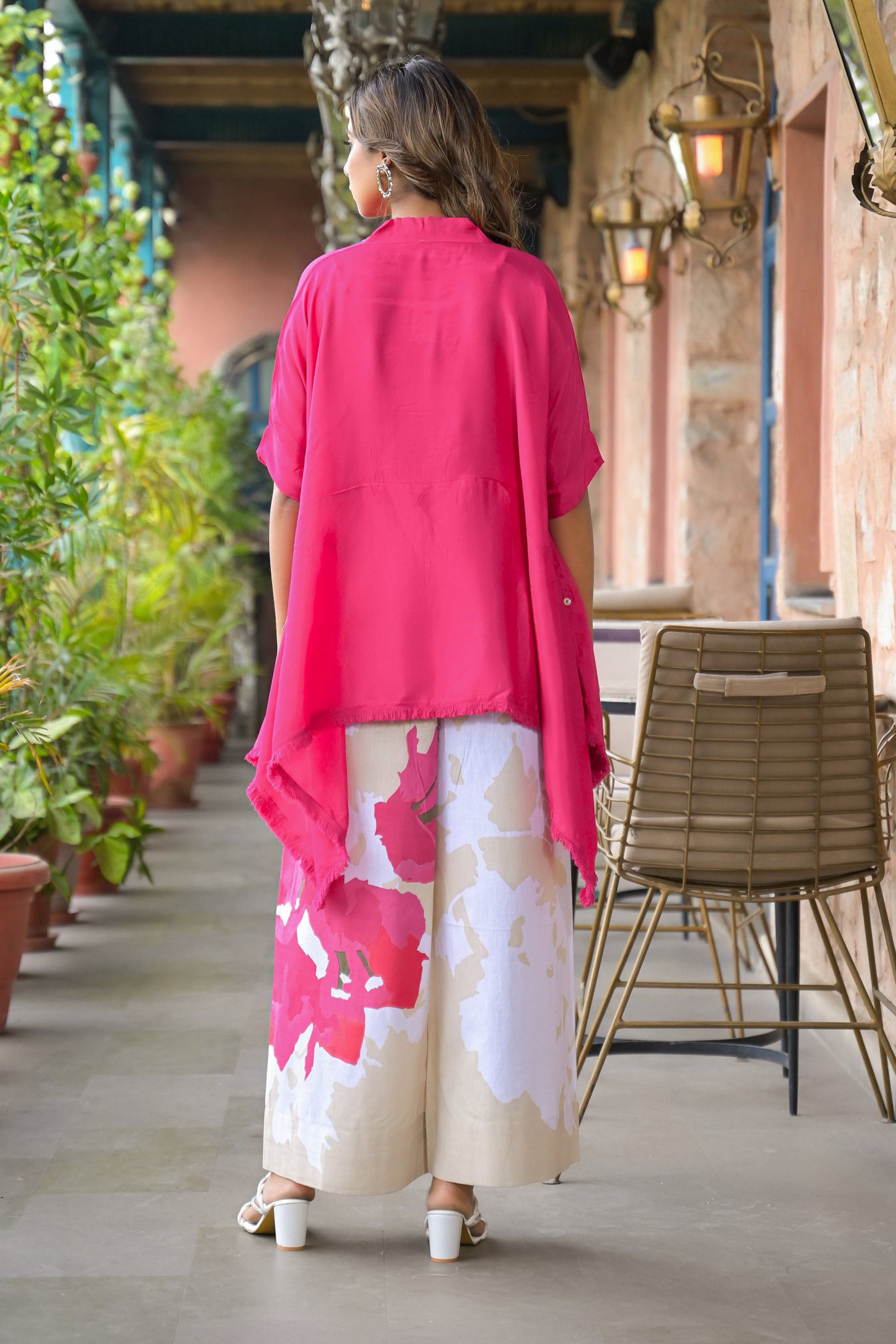 Pink santoon & Cotton Flex Square Neck Short Sleeves High-Low Tunic With Palazzo Co-Ords Set