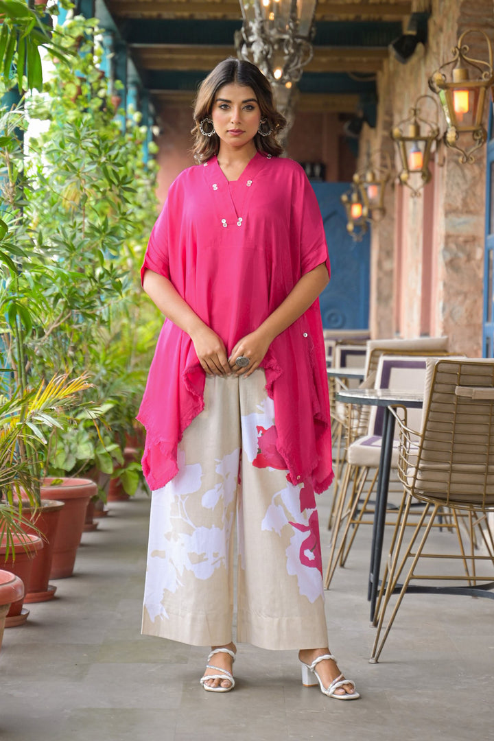 Aavanya Pink santoon & Cotton Flex Square Neck Short Sleeves High-Low Tunic With Palazzo Co-Ords Set