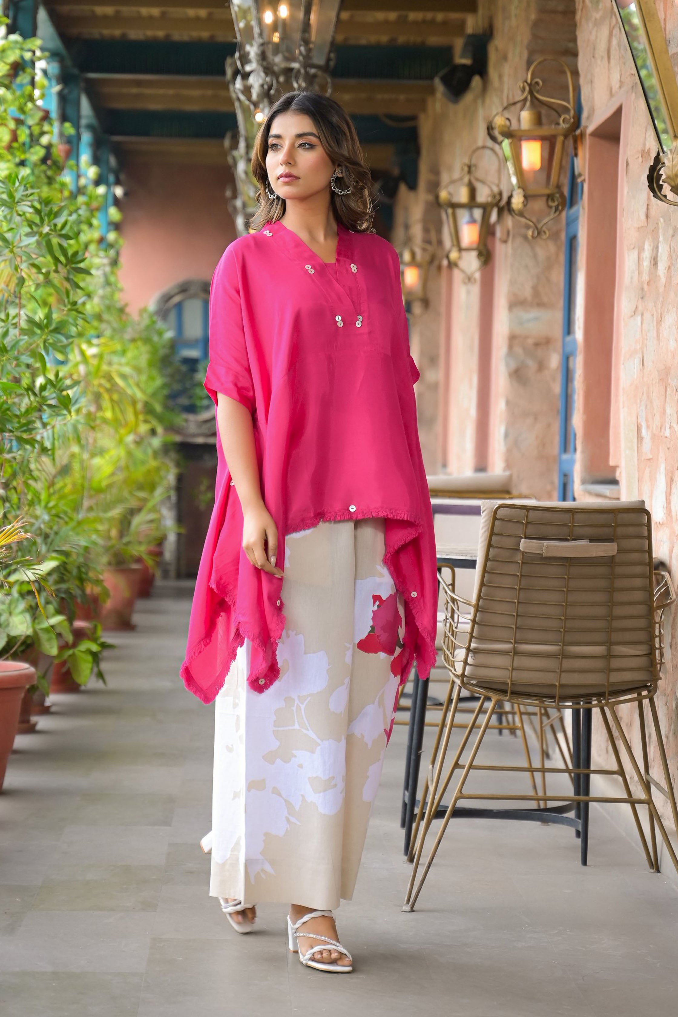 Pink santoon & Cotton Flex Square Neck Short Sleeves High-Low Tunic With Palazzo Co-Ords Set