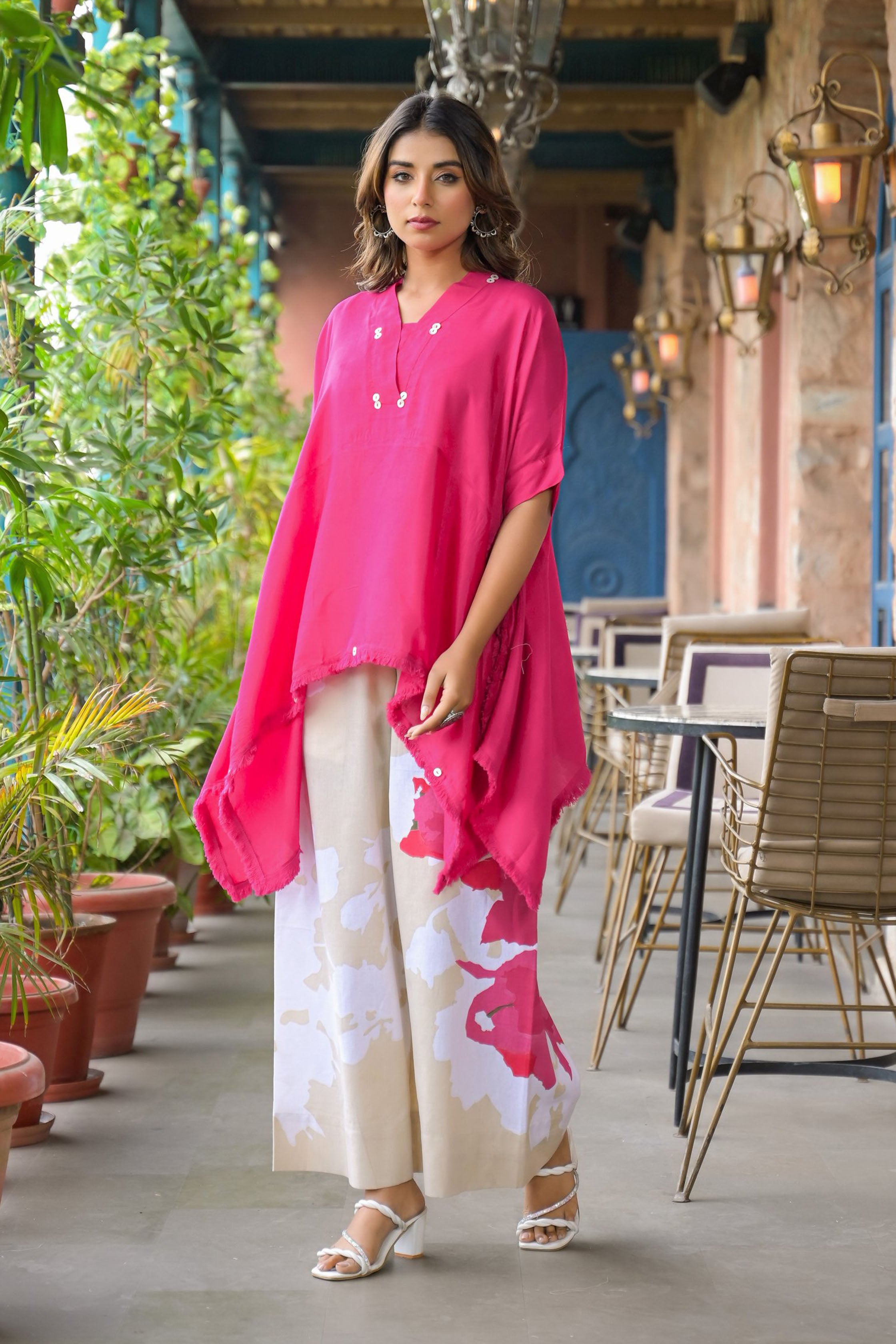 Pink santoon & Cotton Flex Square Neck Short Sleeves High-Low Tunic With Palazzo Co-Ords Set