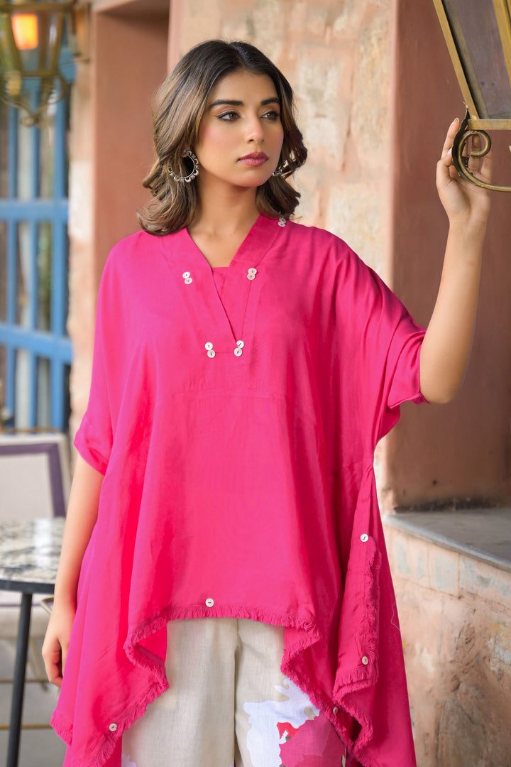 Pink santoon & Cotton Flex Square Neck Short Sleeves High-Low Tunic With Palazzo Co-Ords Set