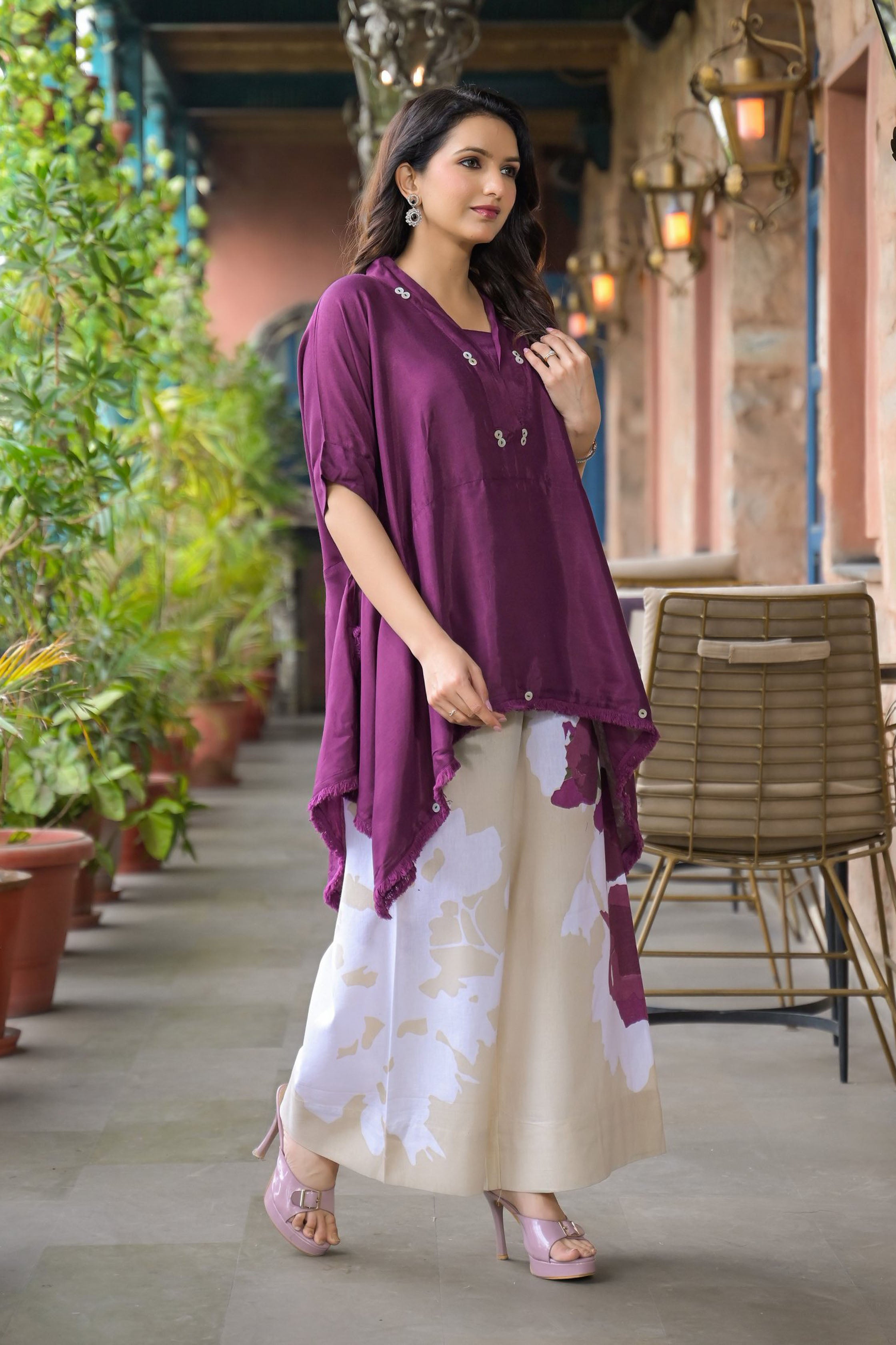 Purple santoon & Cotton Flex Square Neck Short Sleeves High-Low Tunic With Palazzo Co-Ords Set