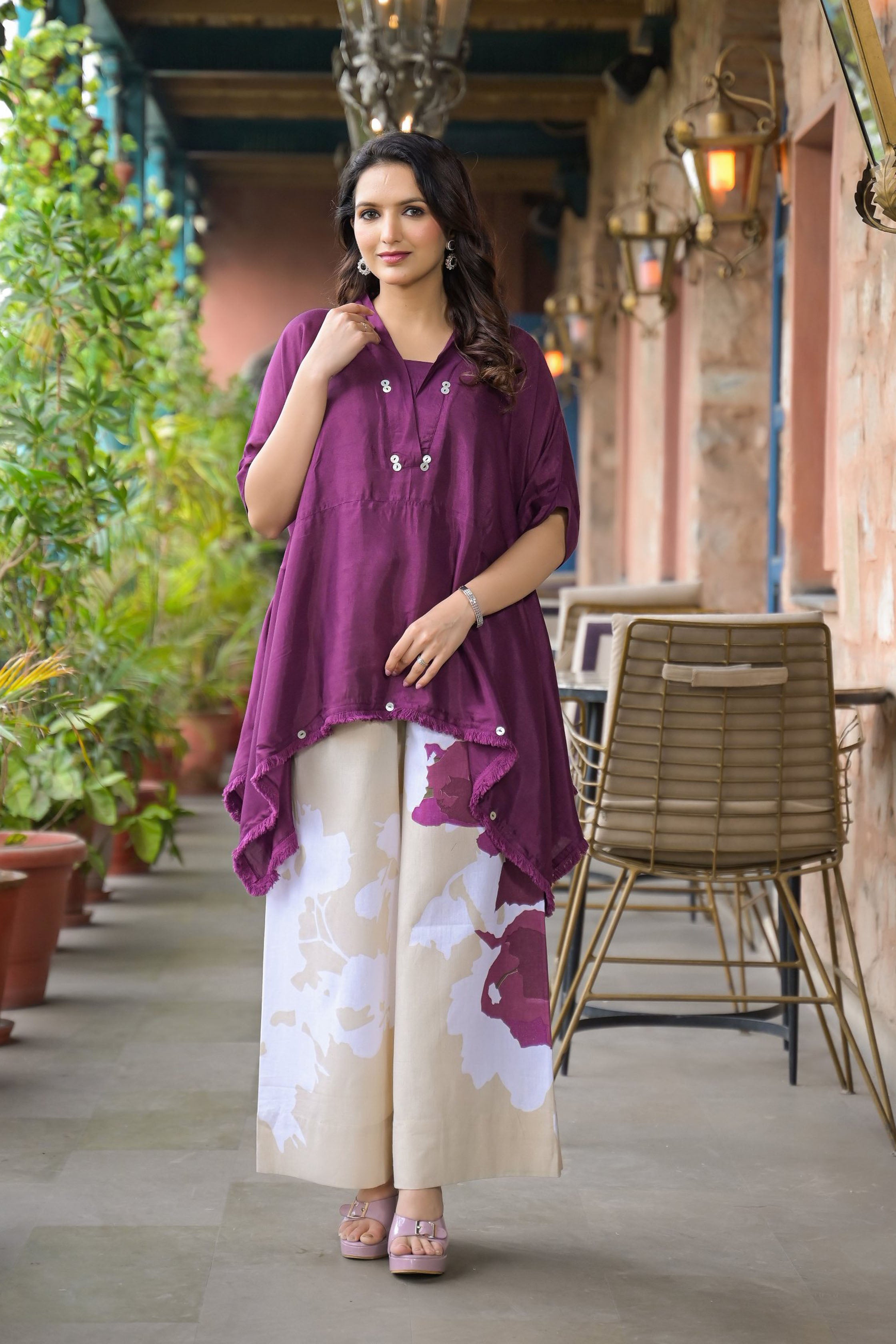 Purple santoon & Cotton Flex Square Neck Short Sleeves High-Low Tunic With Palazzo Co-Ords Set