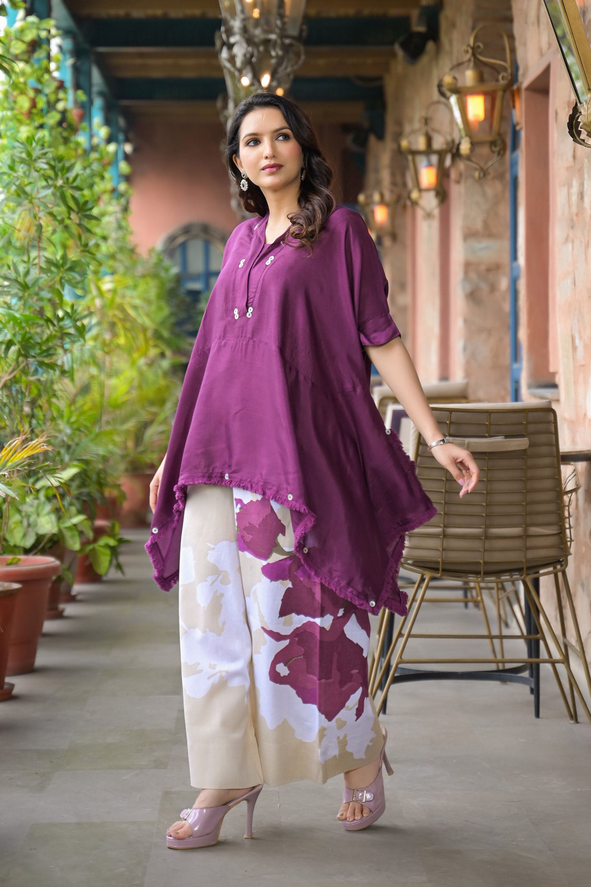 Purple santoon & Cotton Flex Square Neck Short Sleeves High-Low Tunic With Palazzo Co-Ords Set