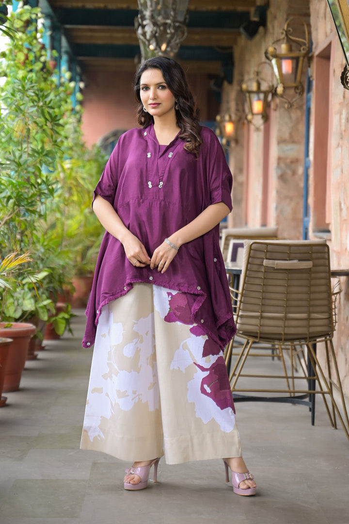 Aavanya Purple santoon & Cotton Flex Square Neck Short Sleeves High-Low Tunic With Palazzo Co-Ords Set