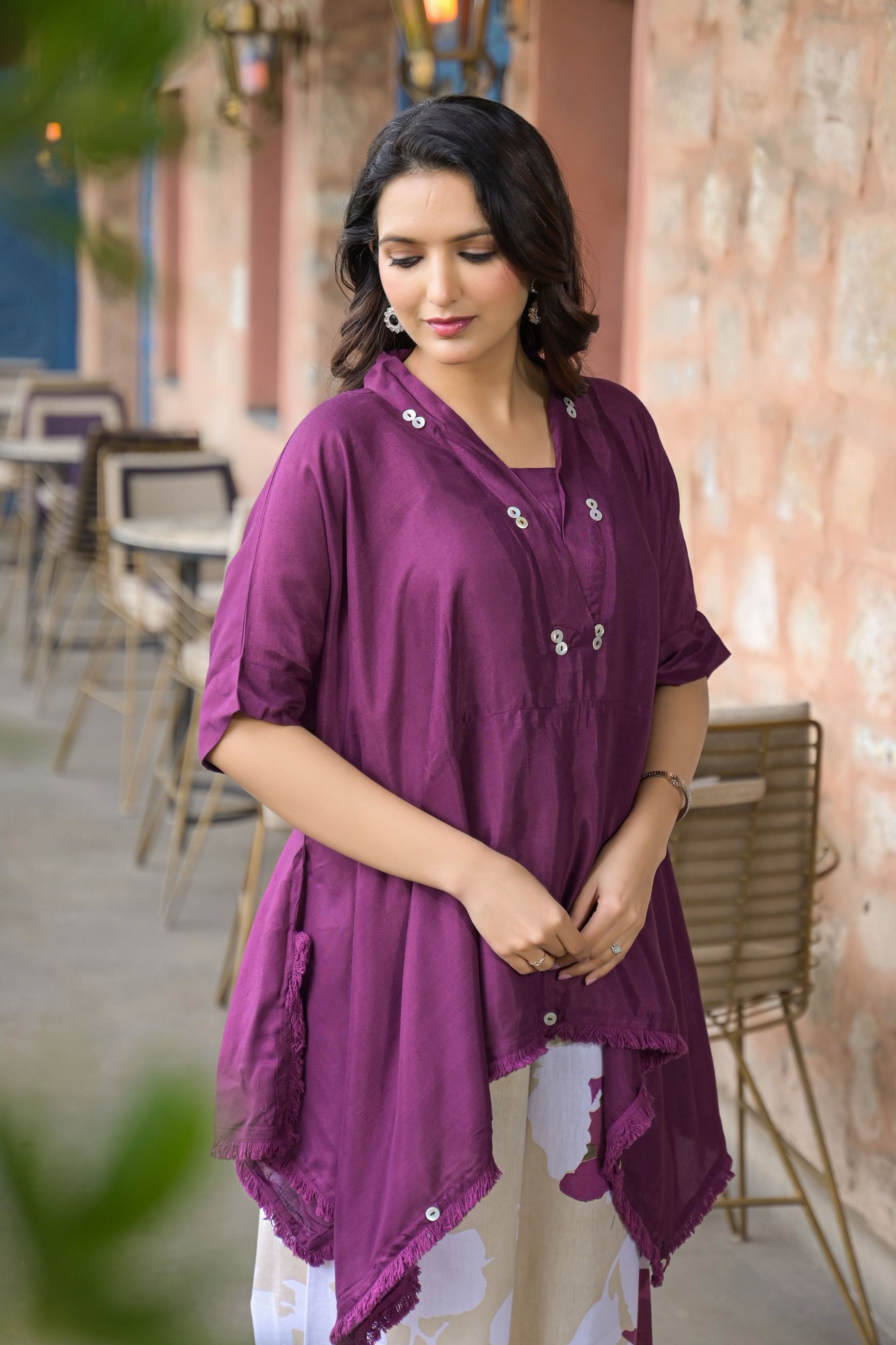 Purple santoon & Cotton Flex Square Neck Short Sleeves High-Low Tunic With Palazzo Co-Ords Set