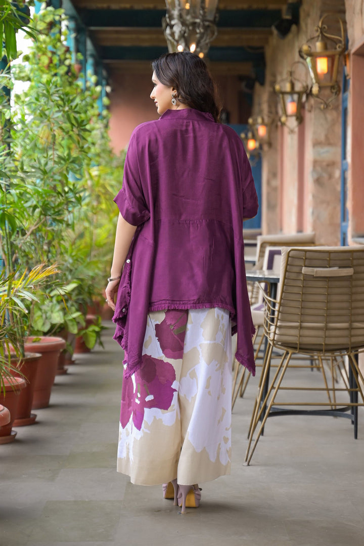 Purple santoon & Cotton Flex Square Neck Short Sleeves High-Low Tunic With Palazzo Co-Ords Set