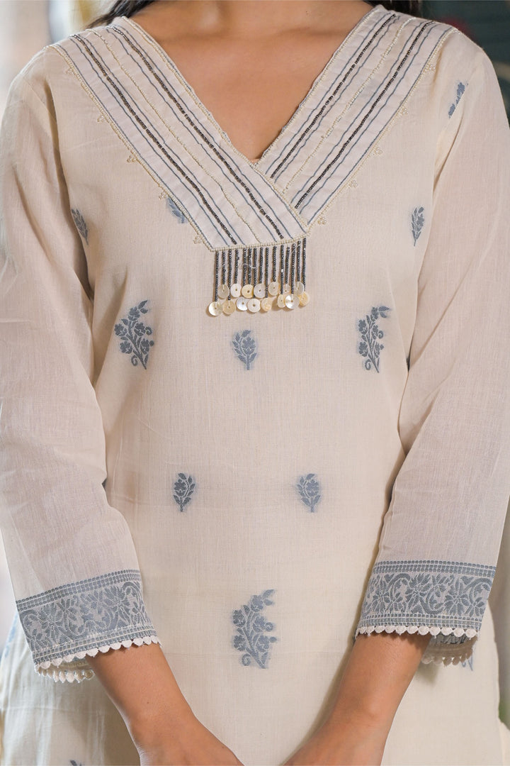 White Cotton Prinetd Bead & Stone work V-Neck Kurta & Trouser With Dupatta