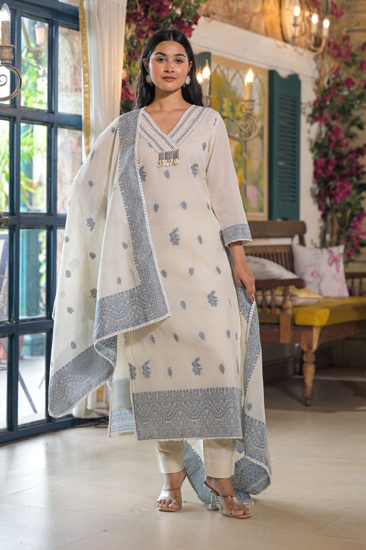 Aavanya White Cotton Bead & Stone work V-Neck Kurta & Trouser With Dupatta