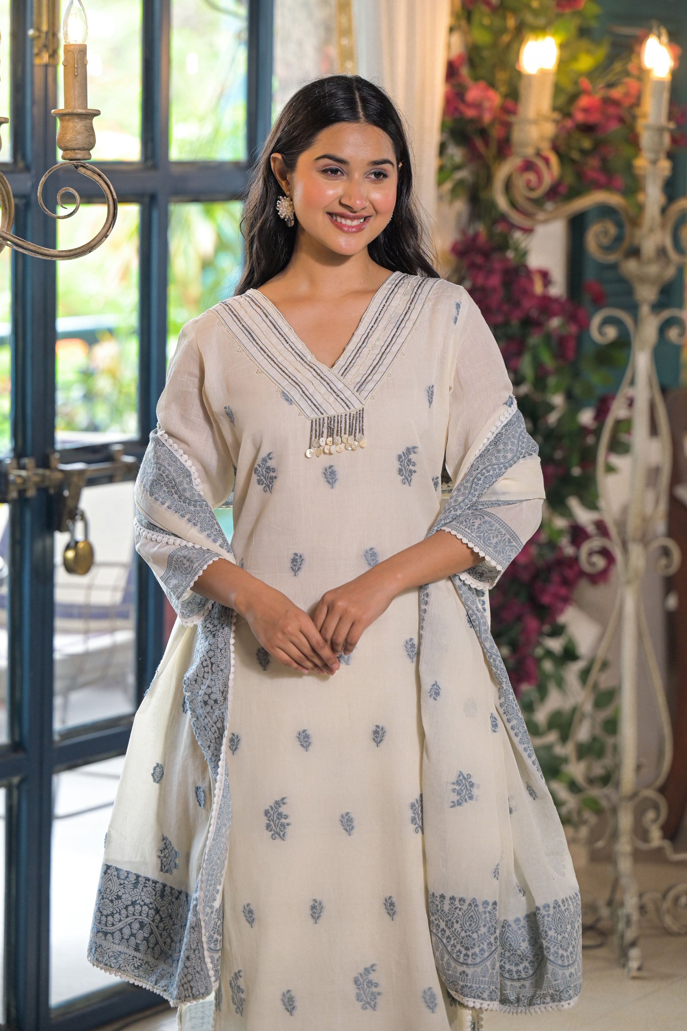 White Cotton Prinetd Bead & Stone work V-Neck Kurta & Trouser With Dupatta