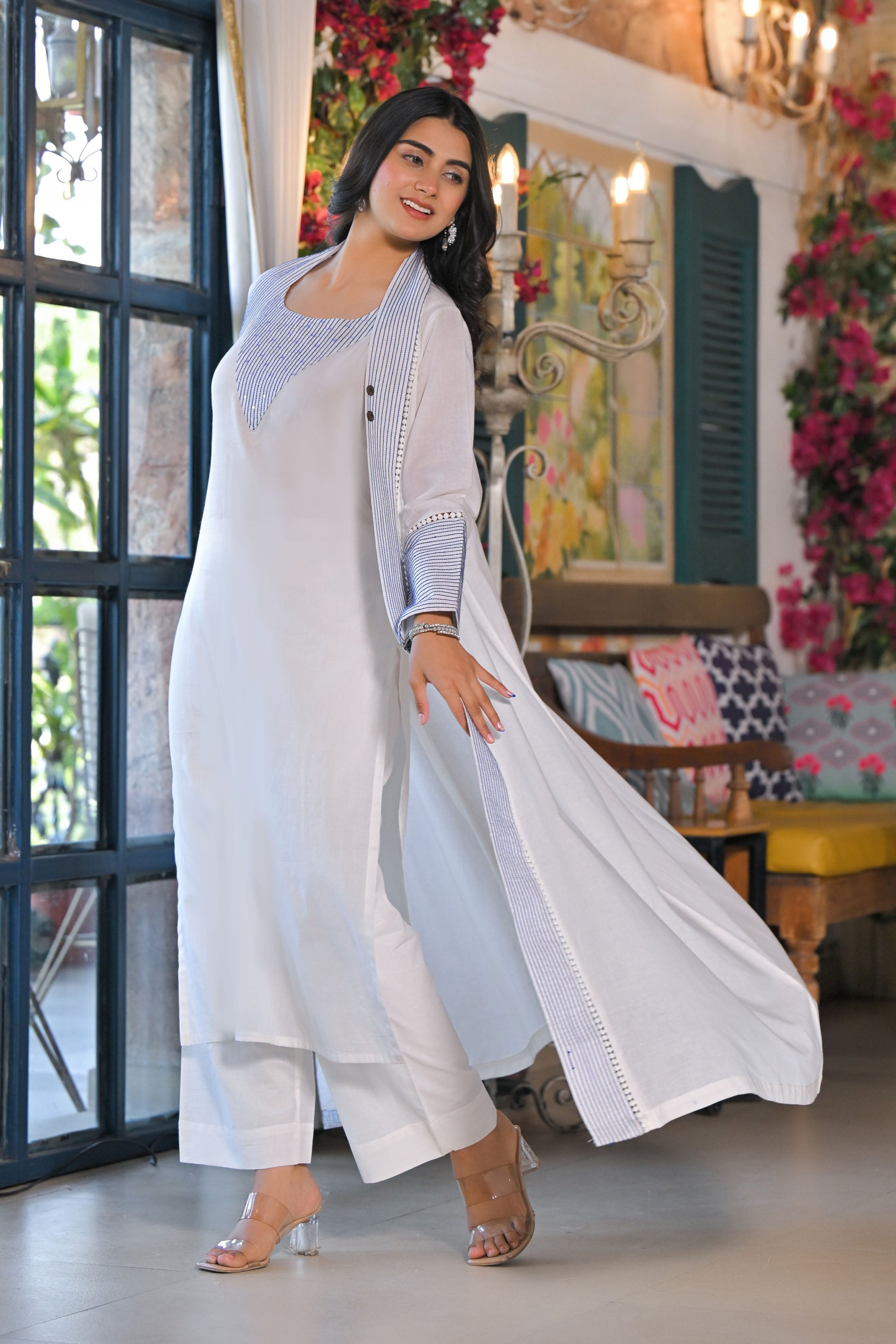 Blue Hand Work and Thread Work Cotton Straight Square Neck Kurta and Trouser With Jacket