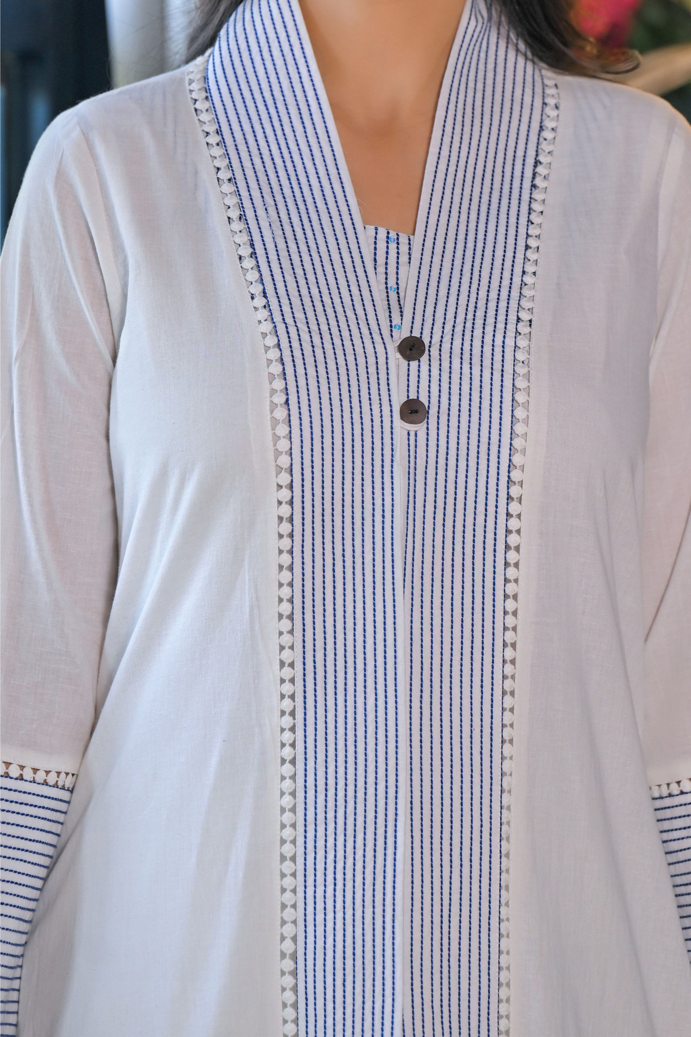 Blue Hand Work and Thread Work Cotton Straight Square Neck Kurta and Trouser With Jacket