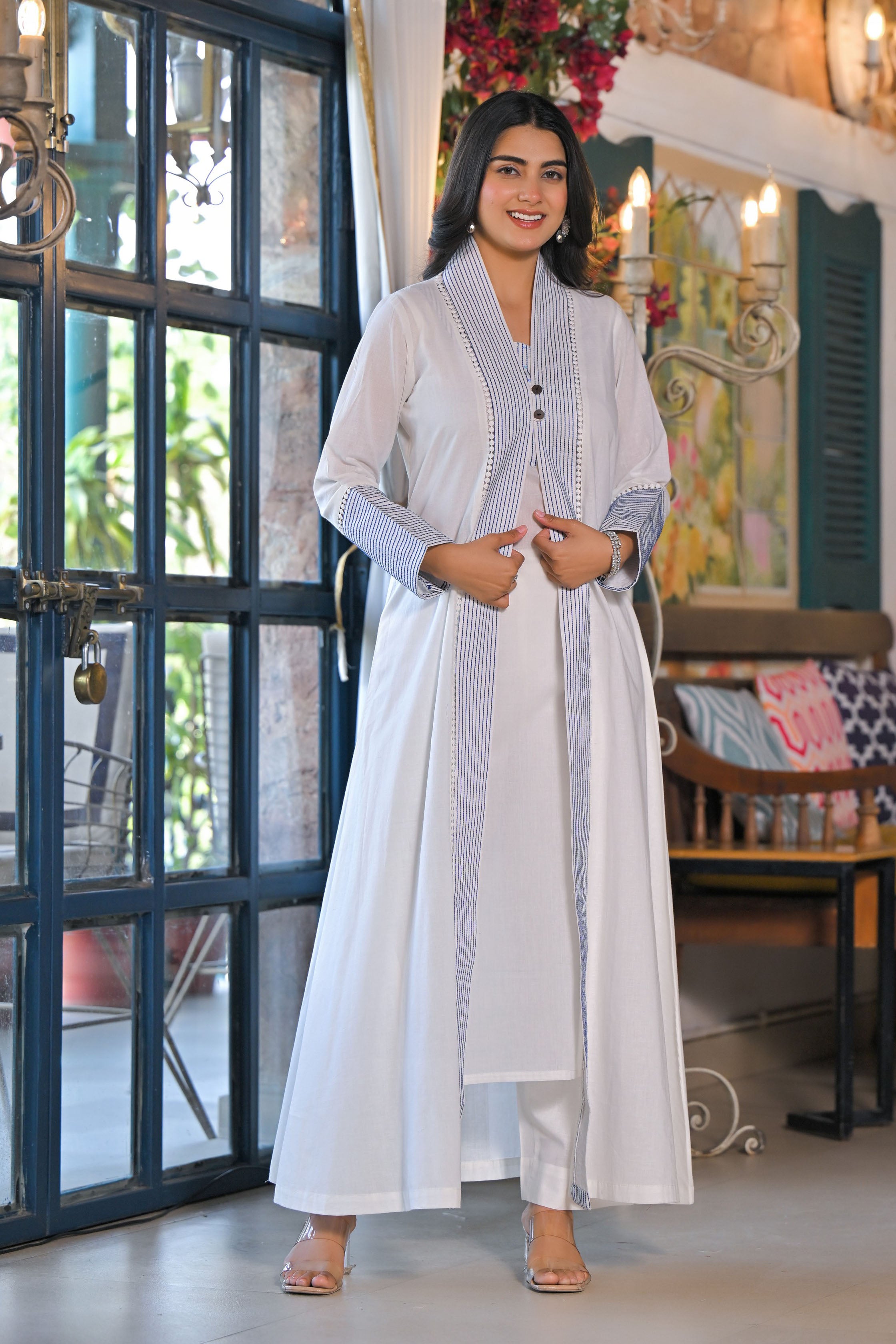 Aavanya Blue Hand Work and Thread Work Cotton Straight Square Neck Kurta and Trouser With Jacket