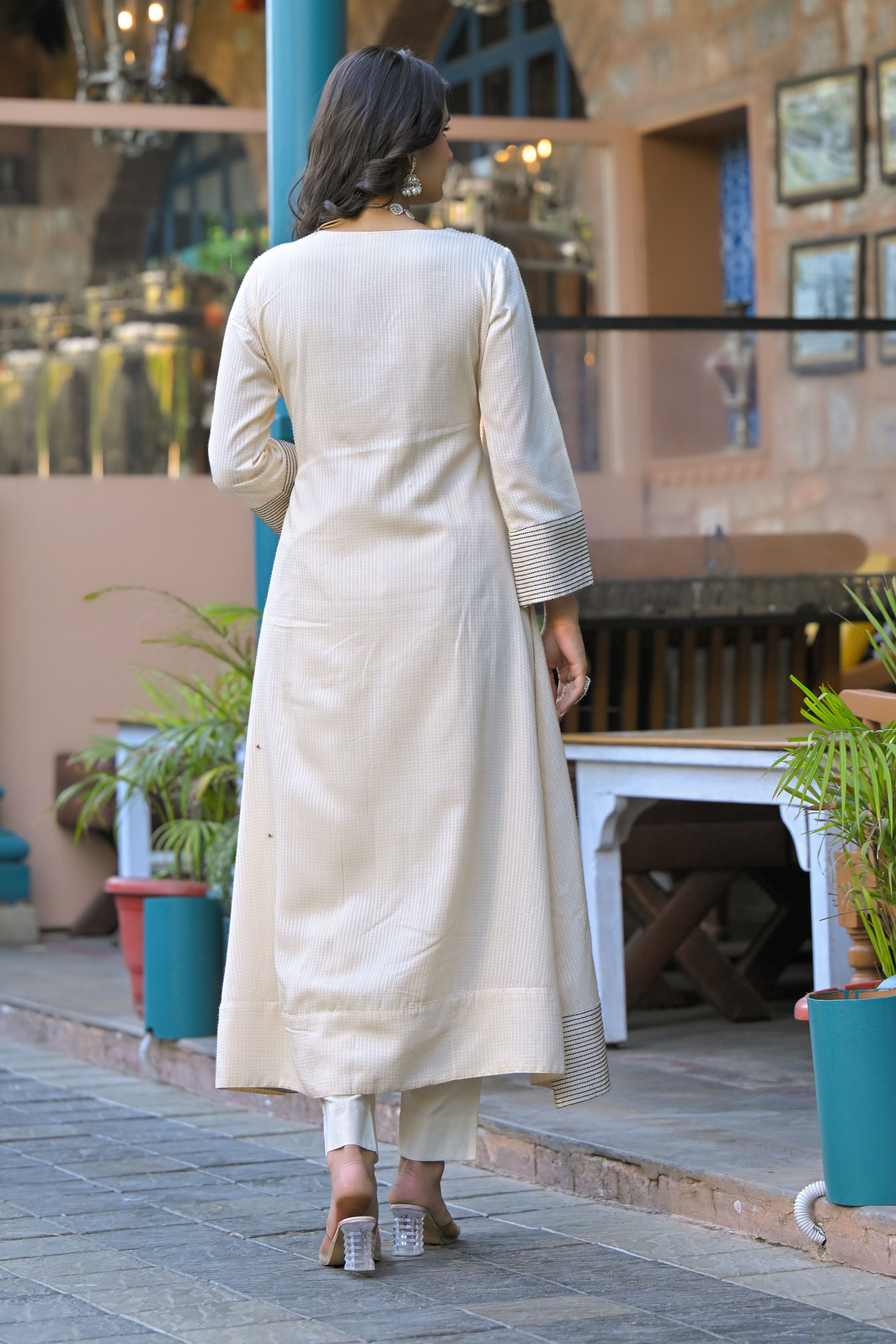 Black Hand Work and Thread Work Cotton Anarkali V-Neck Kurta and Trouser With Dupatta