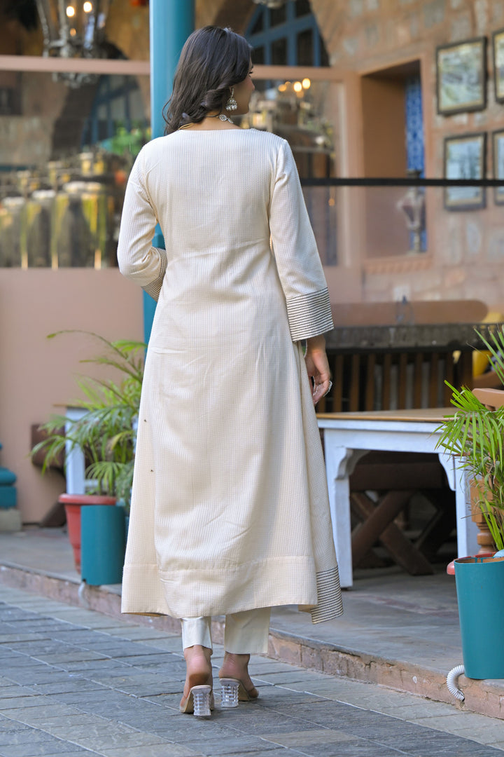 Black Hand Work and Thread Work Cotton Anarkali V-Neck Kurta and Trouser With Dupatta