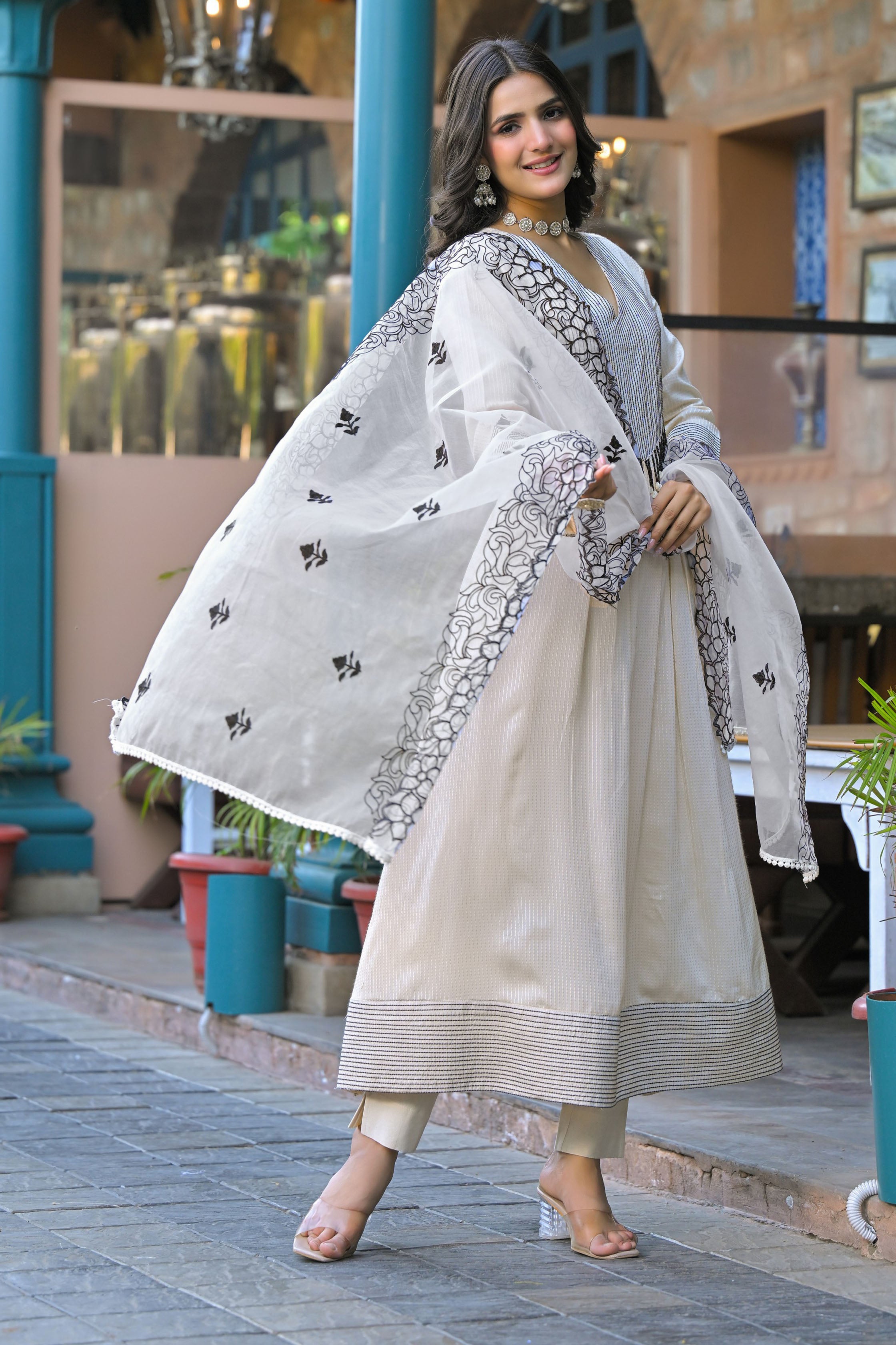 Black Hand Work and Thread Work Cotton Anarkali V-Neck Kurta and Trouser With Dupatta