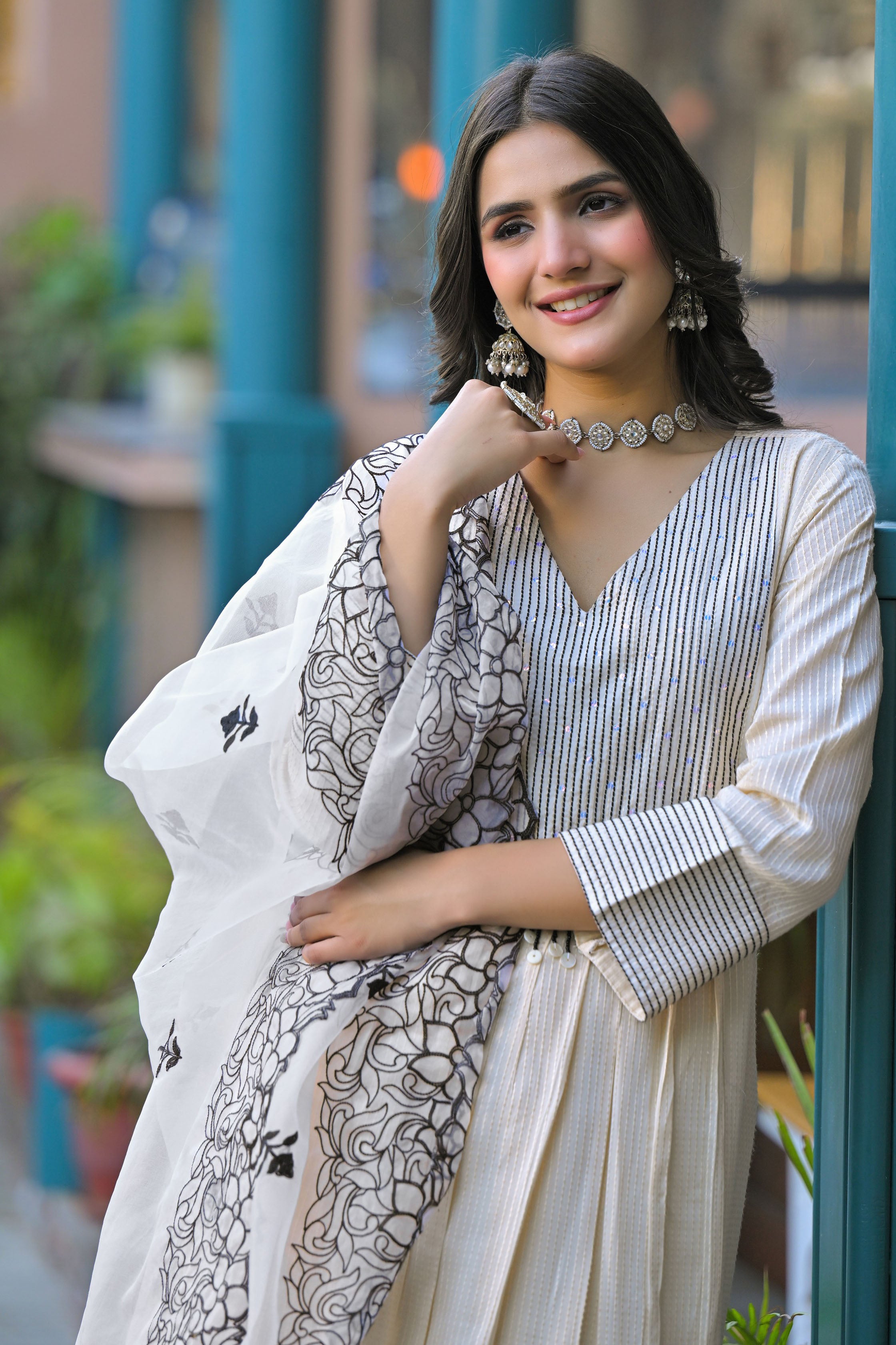 Black Hand Work and Thread Work Cotton Anarkali V-Neck Kurta and Trouser With Dupatta