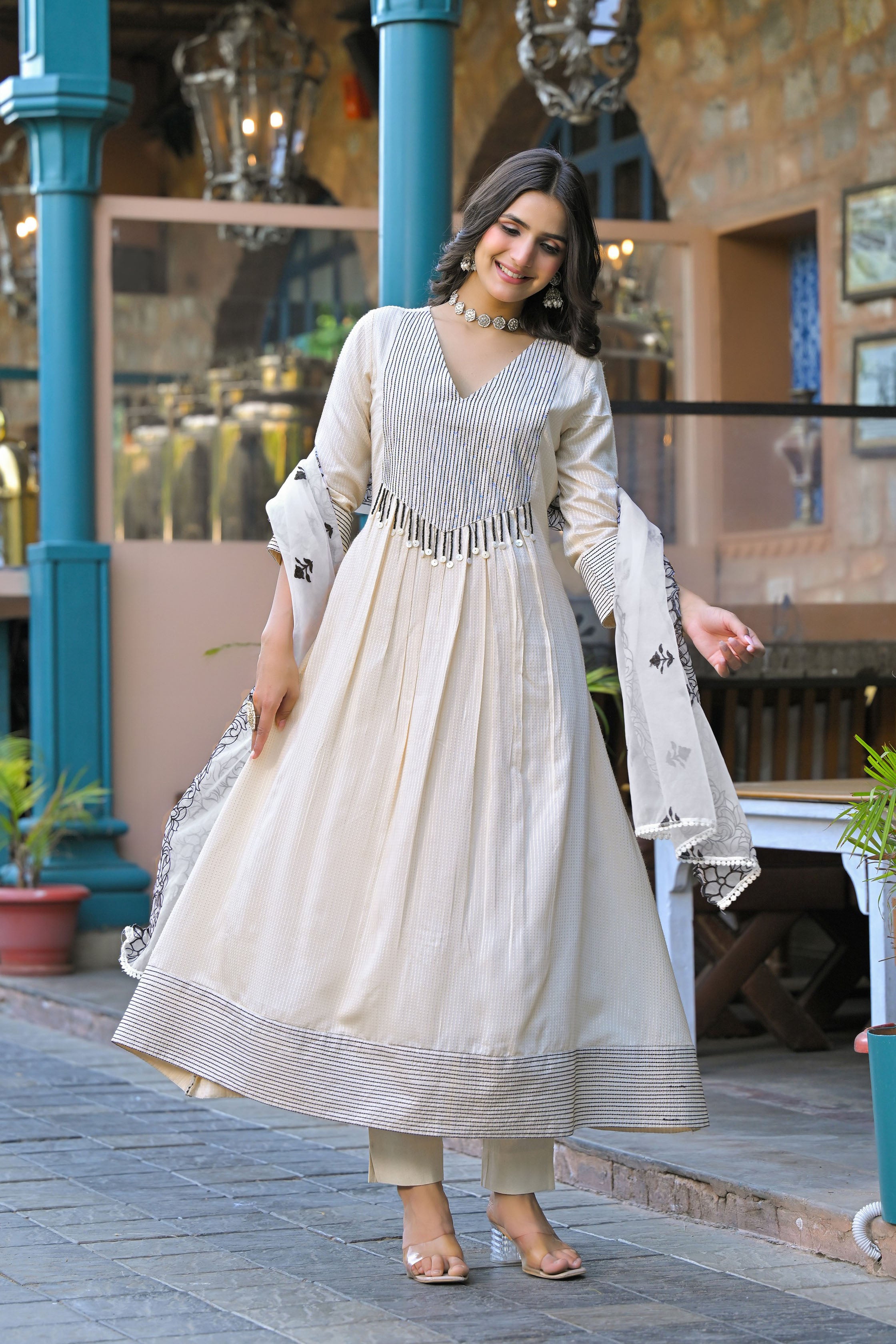 Black Hand Work and Thread Work Cotton Anarkali V-Neck Kurta and Trouser With Dupatta